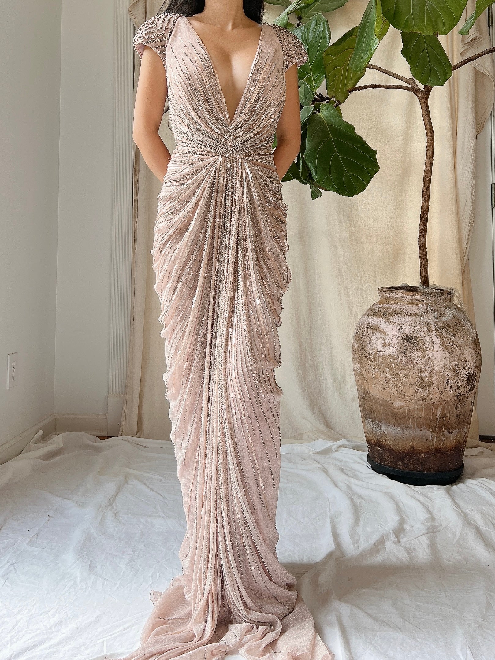 Duster Rose Alberto Makali Beaded Draped Dress - M/8-10 | G O S S A M E R Duster Rose Alberto Makali Beaded Draped Dress - M/8-10 | G O S S A M E R