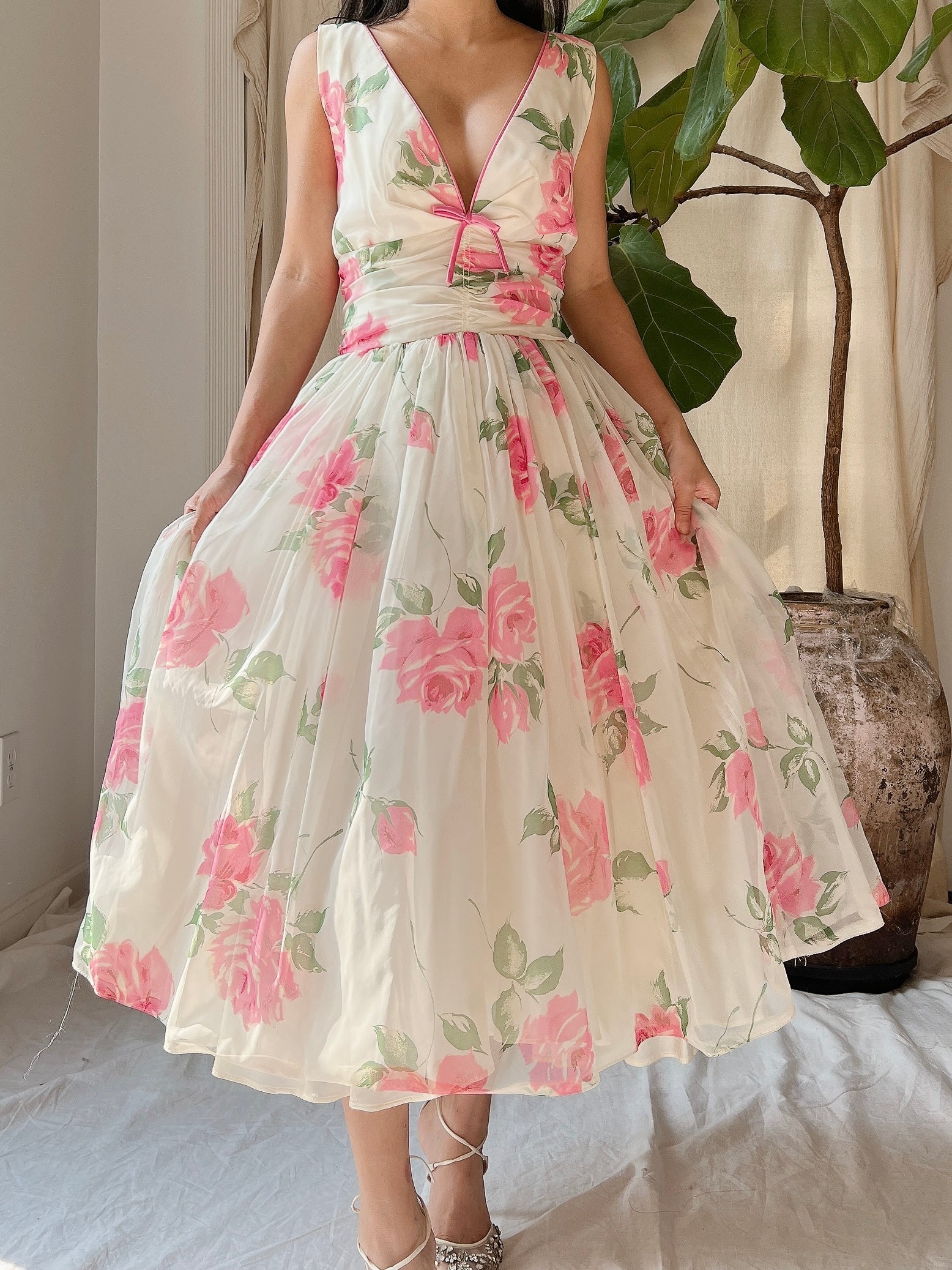 rose print formal dress Andrea & Leo A1290 Pleated Floral Print Long Formal Prom Dress