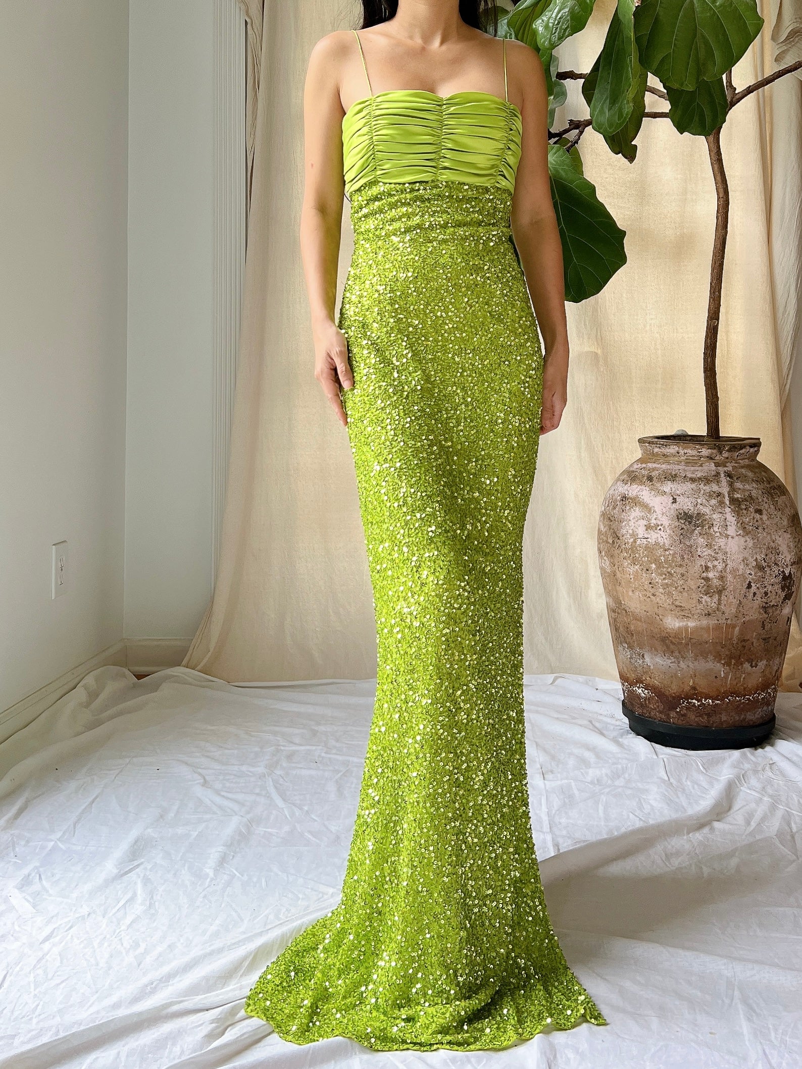 1990s Lime Green Sequins Gown - XS