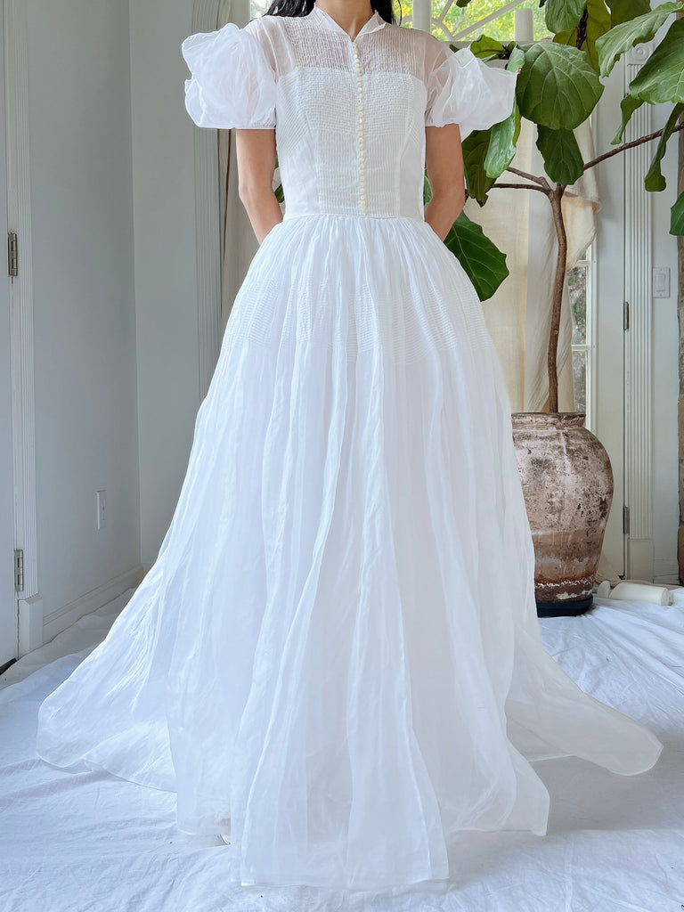 1940s White Organdy Puff Sleeve Dress - XS
