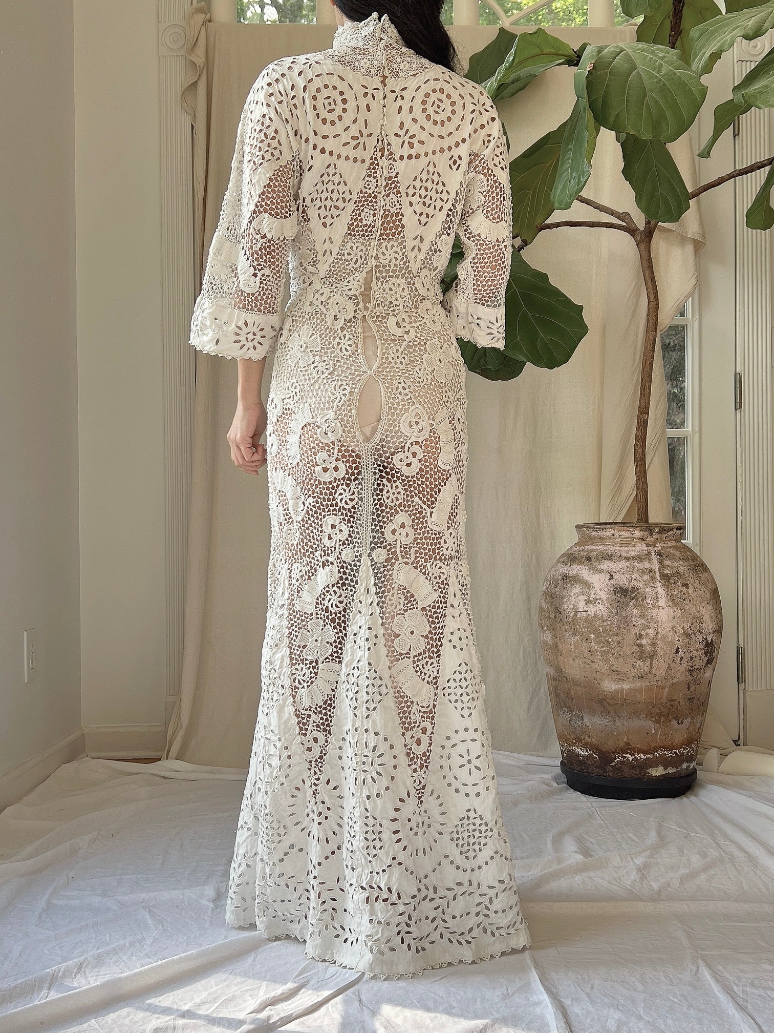 Antique Irish Crochet & Linen Embroidered Gown - M/L | G O S S A M E R Antique Irish Crochet & Linen Embroidered Gown - M/L | G O S S A M E R