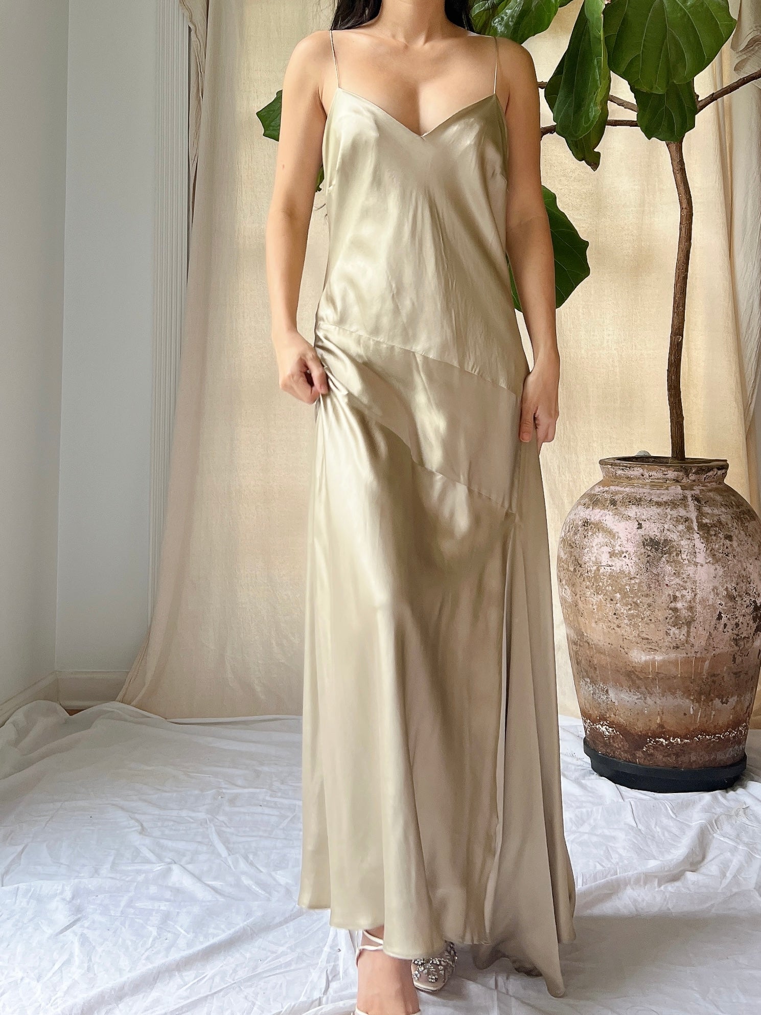 Vintage Light Brown Silk Bias Gown - M/L Vintage Light Brown Silk Bias Gown - M/L