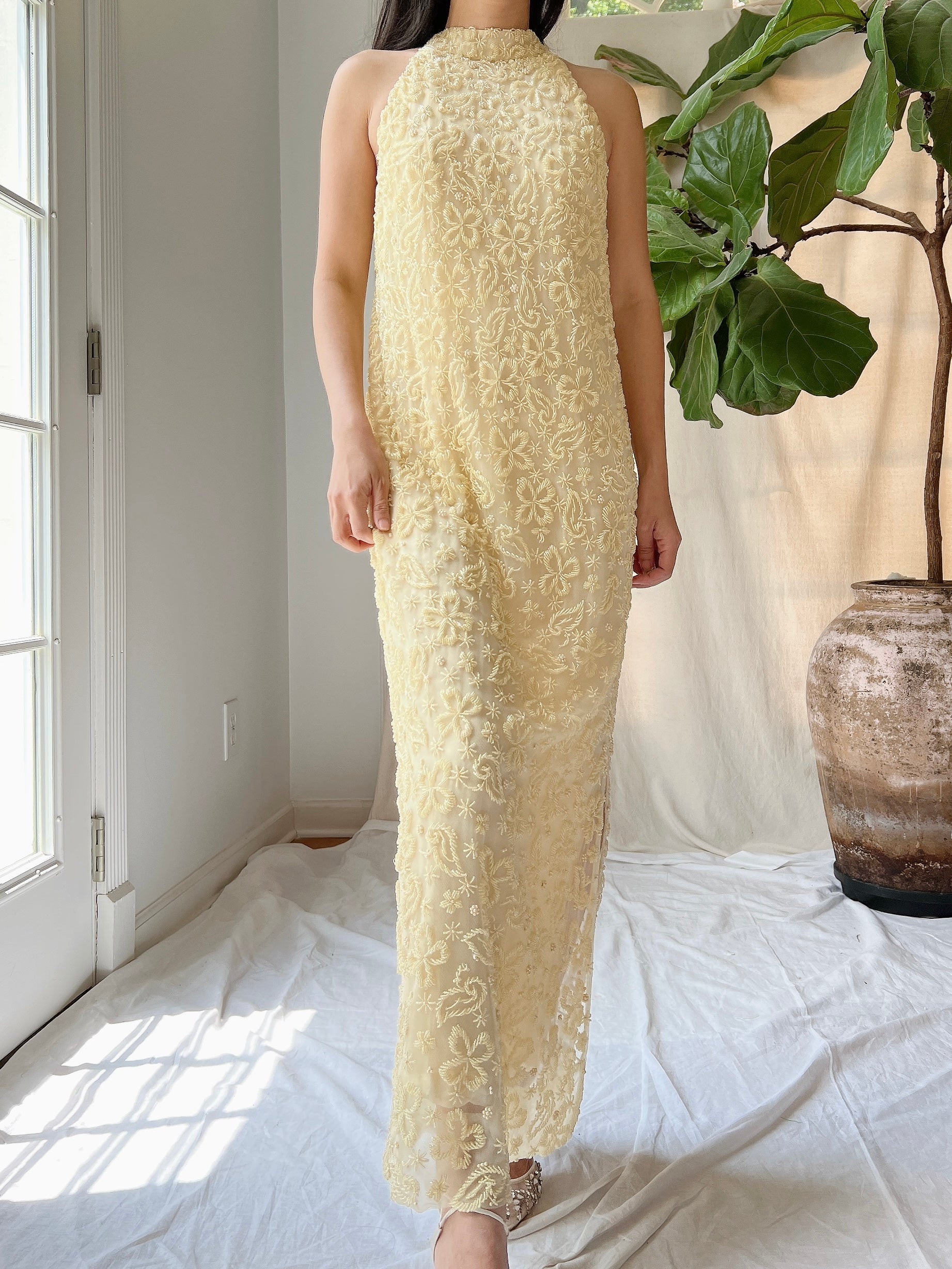 1960s Butter Yellow Beaded Tulle Dress - M