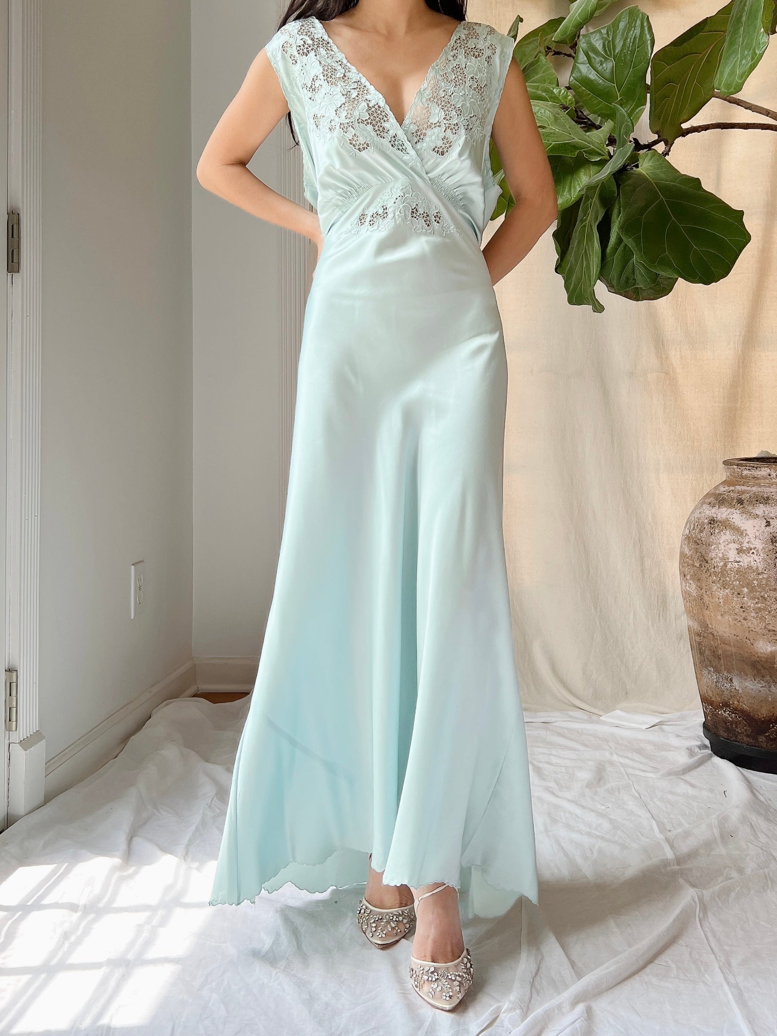 1940s Light Blue Silk Cutout Slip Dress - M 1940s Light Blue Silk Cutout Slip Dress - M