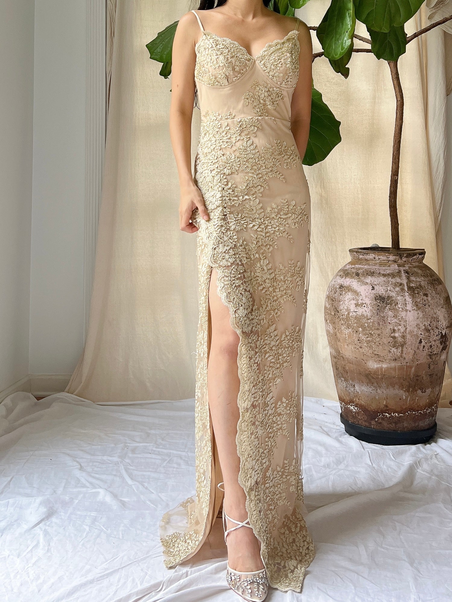 Y2K Gold Lace Gown - S