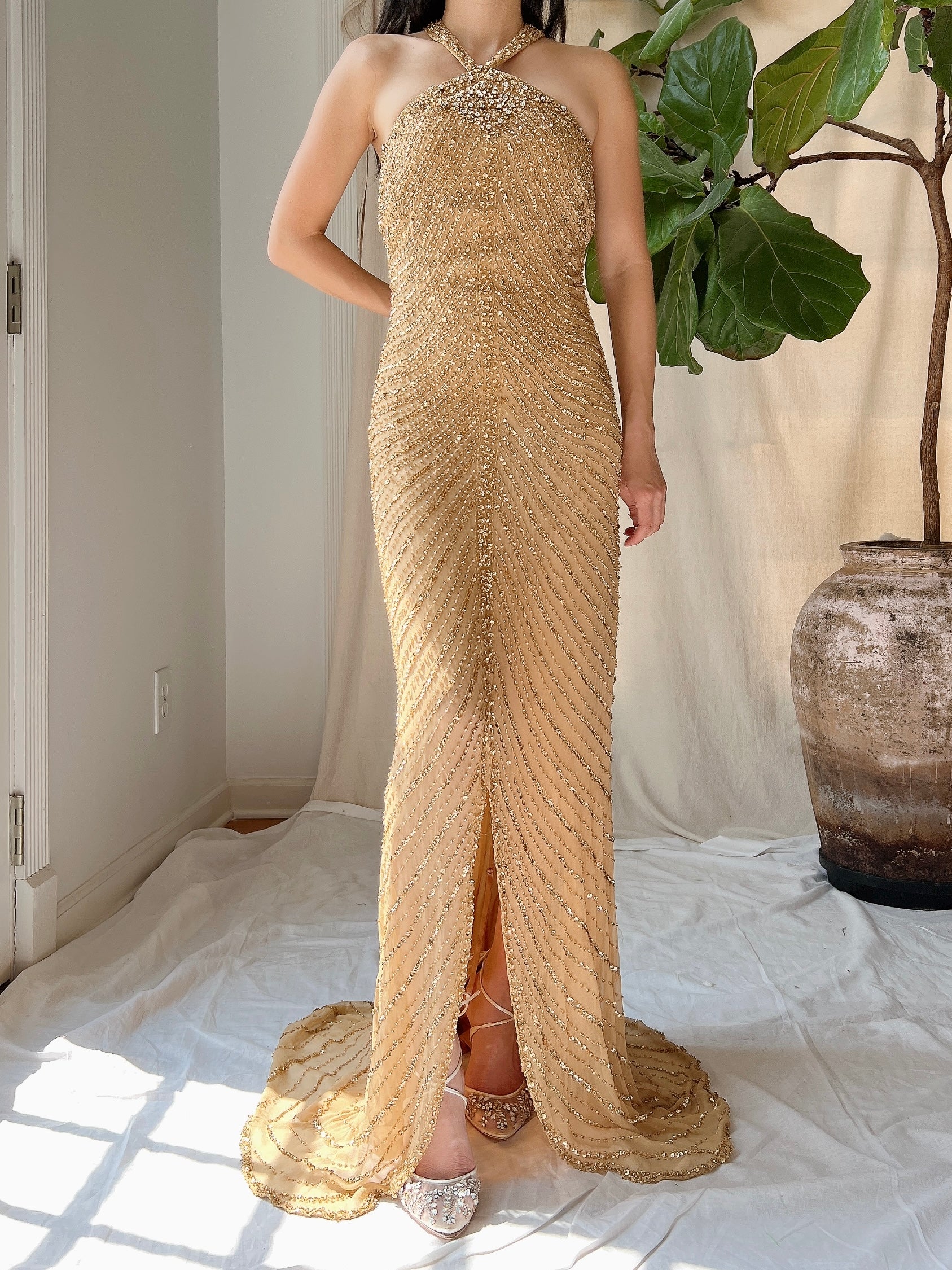 Vintage Gold Silk Beaded Halter Gown - L | G O S S A M E R Vintage Gold Silk Beaded Halter Gown - L | G O S S A M E R
