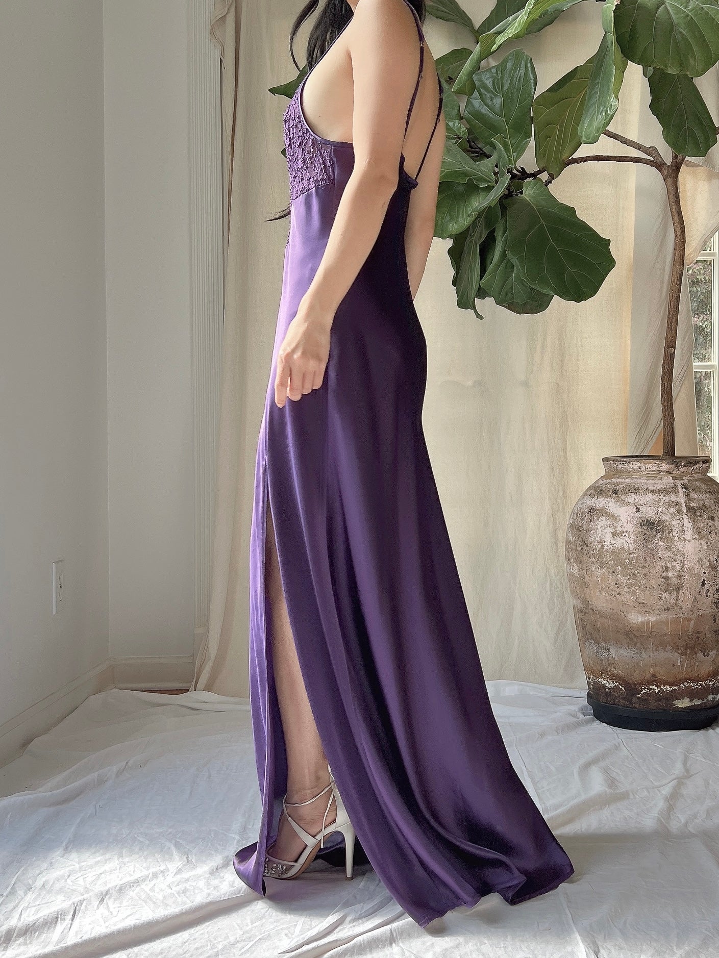 Vintage Purple Satin Side Split Slip Dress - M