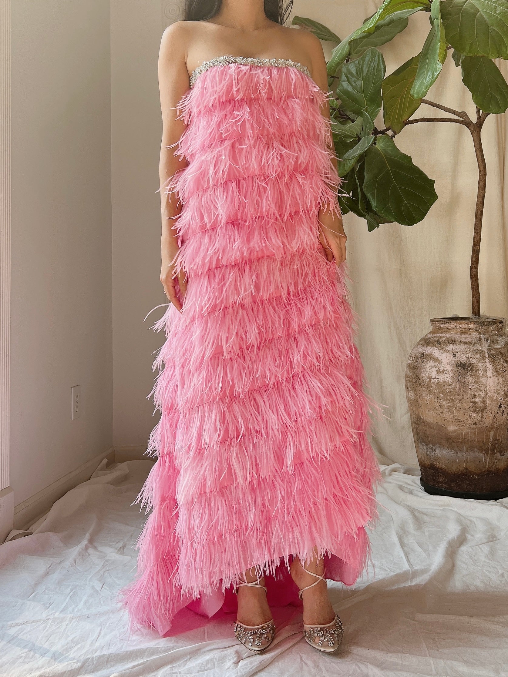 Pink Feather Tiered Dress - S-L