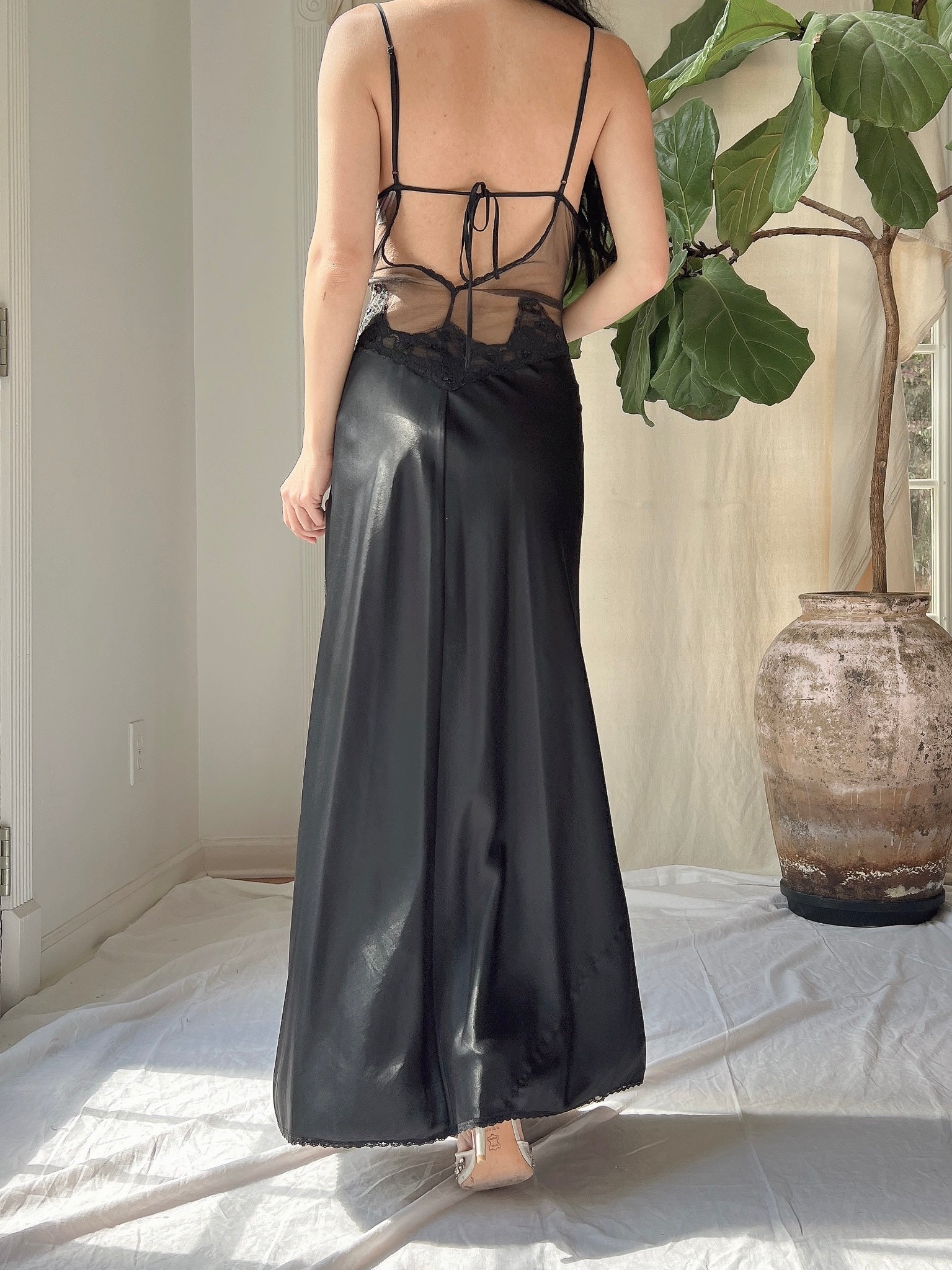 Vintage Black Satin Slip Dress - M