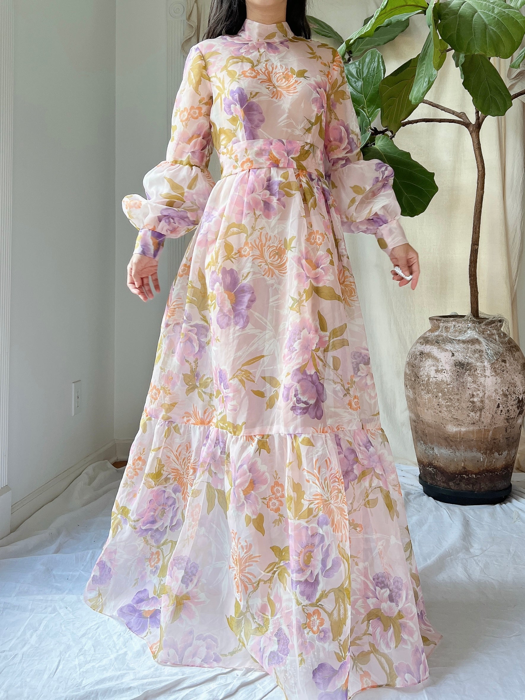 Vintage Juliet Sleeves Sheer Floral Voile Gown - S/M