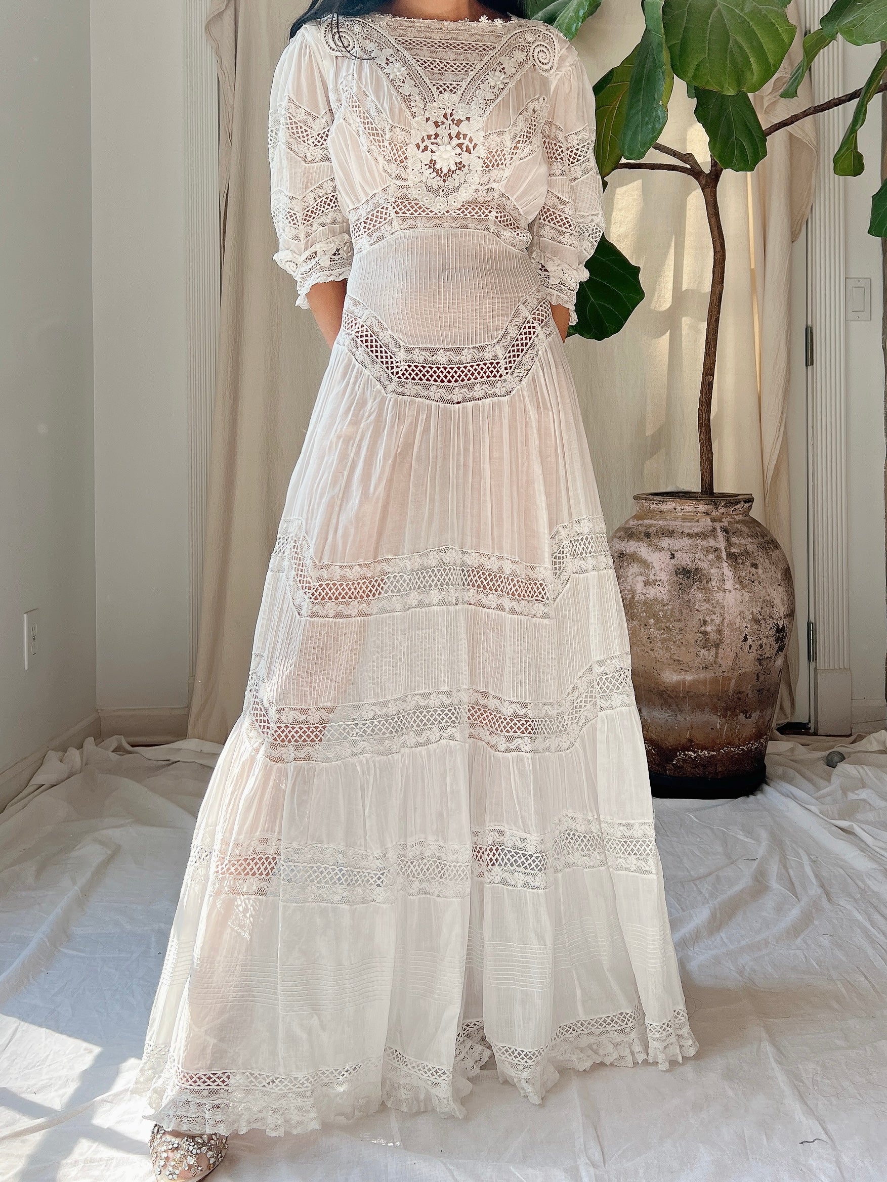 Antique Cotton Pintucked Dress - S | G O S S A M E R Antique Cotton Pintucked Dress - S | G O S S A M E R