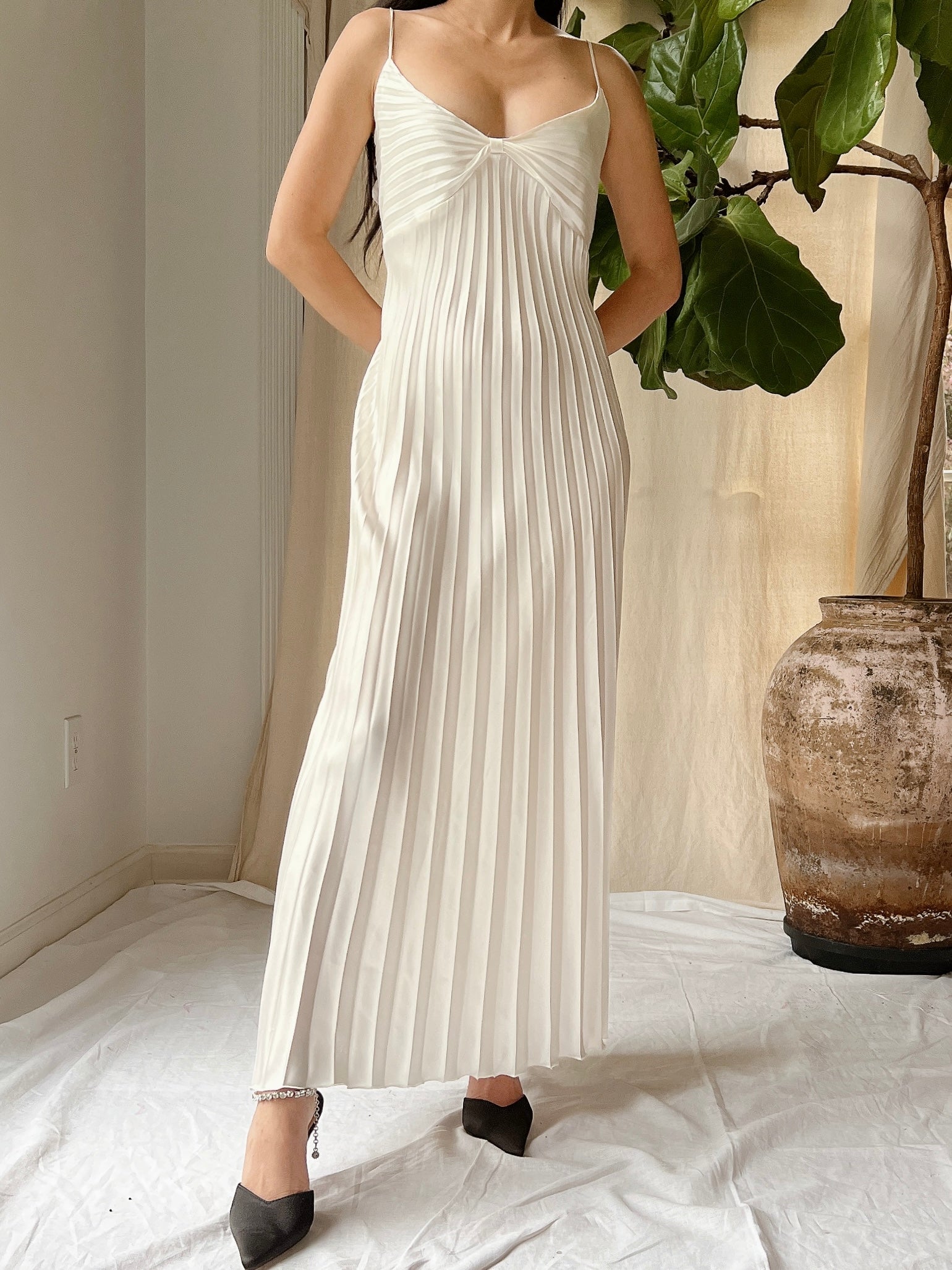 1980s Ivory Pleated Satin Dress - M/L 1980s Ivory Pleated Satin Dress - M/L
