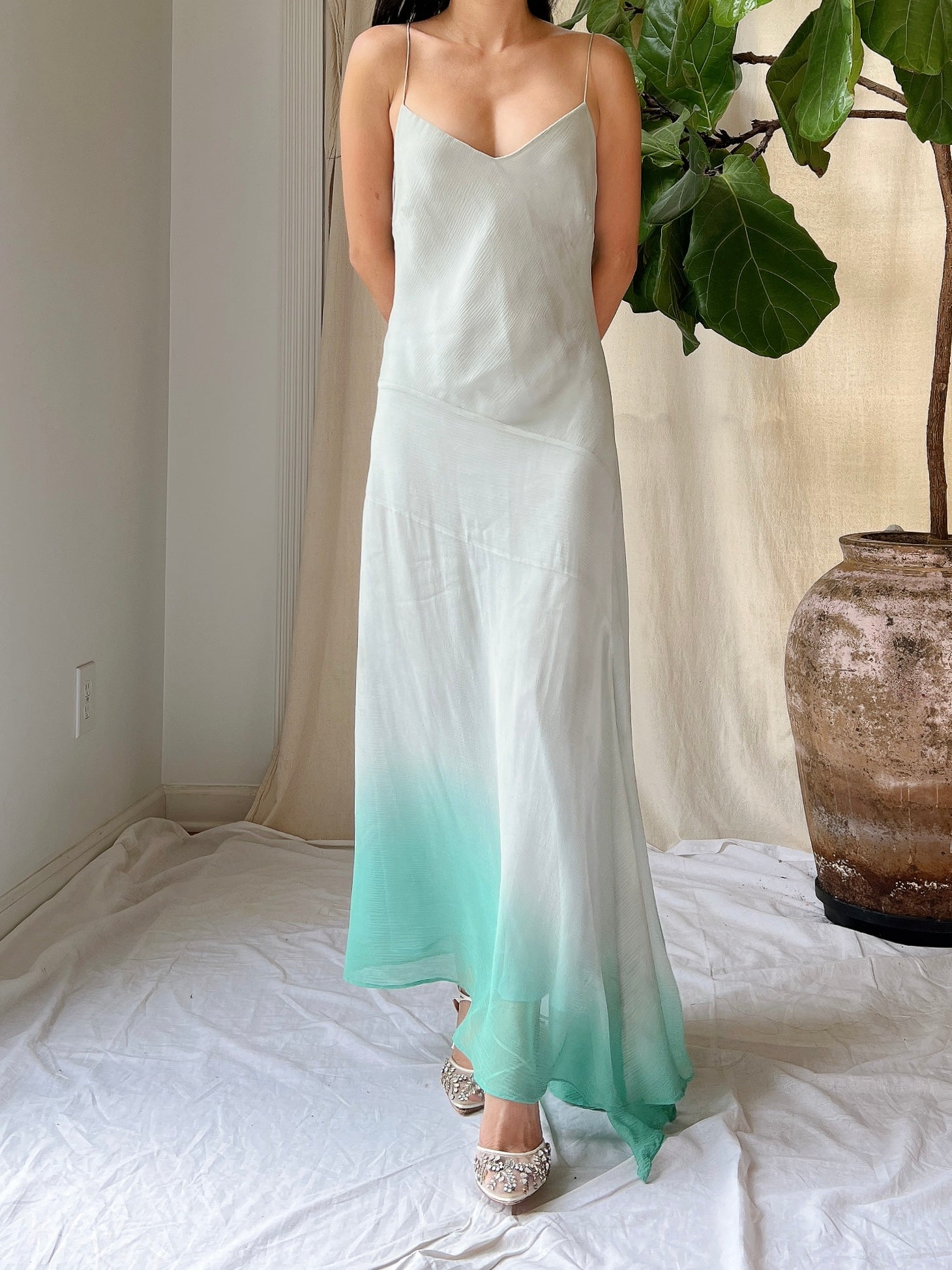 Vintage Light Blue Ombre Silk Chiffon Bias Cut Dress