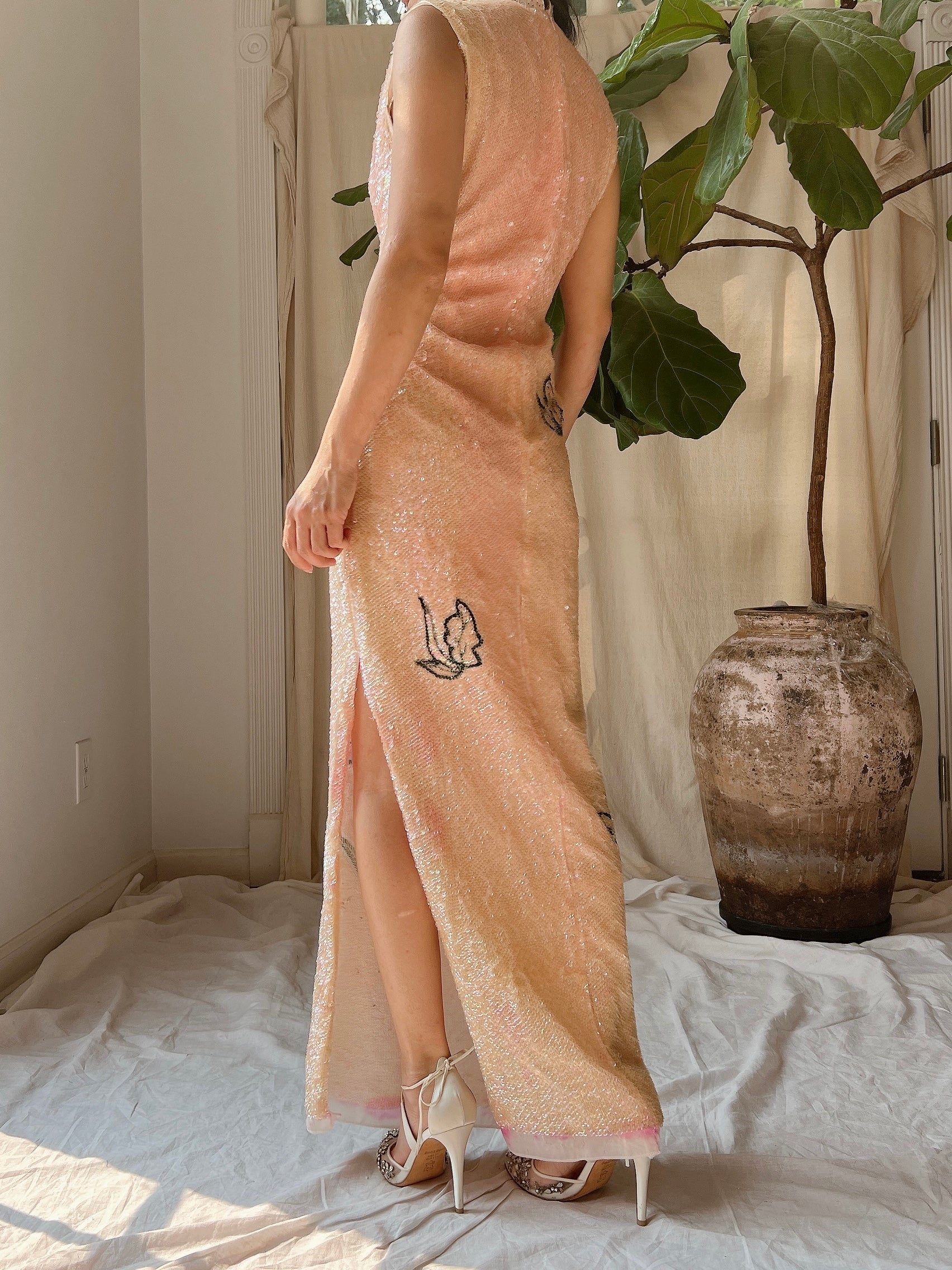 1960s Peach Ombre Sequins Dress - M