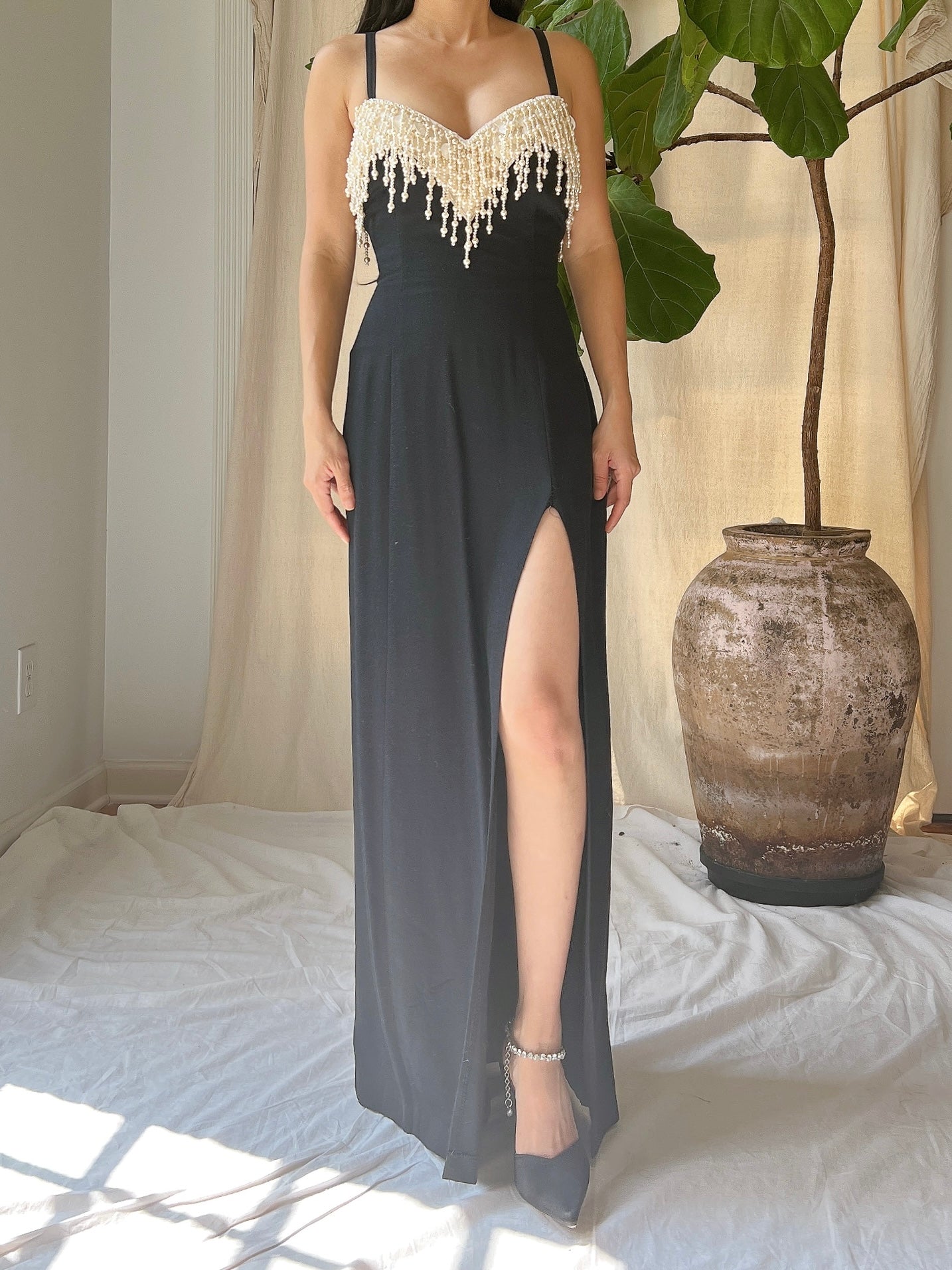 Vintage Rayon Pearl Tassel Bodice Gown - M