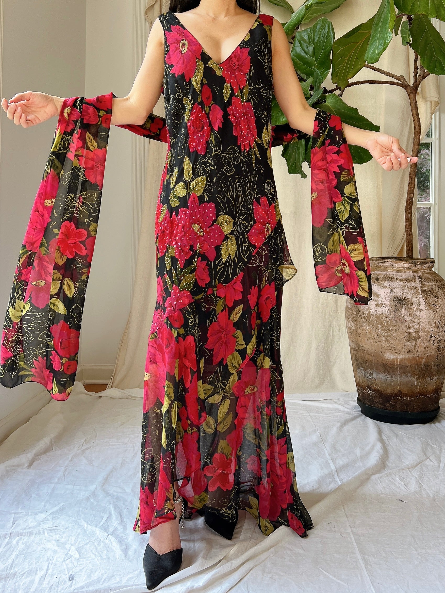 1980s Silk Chiffon Floral Dress - M