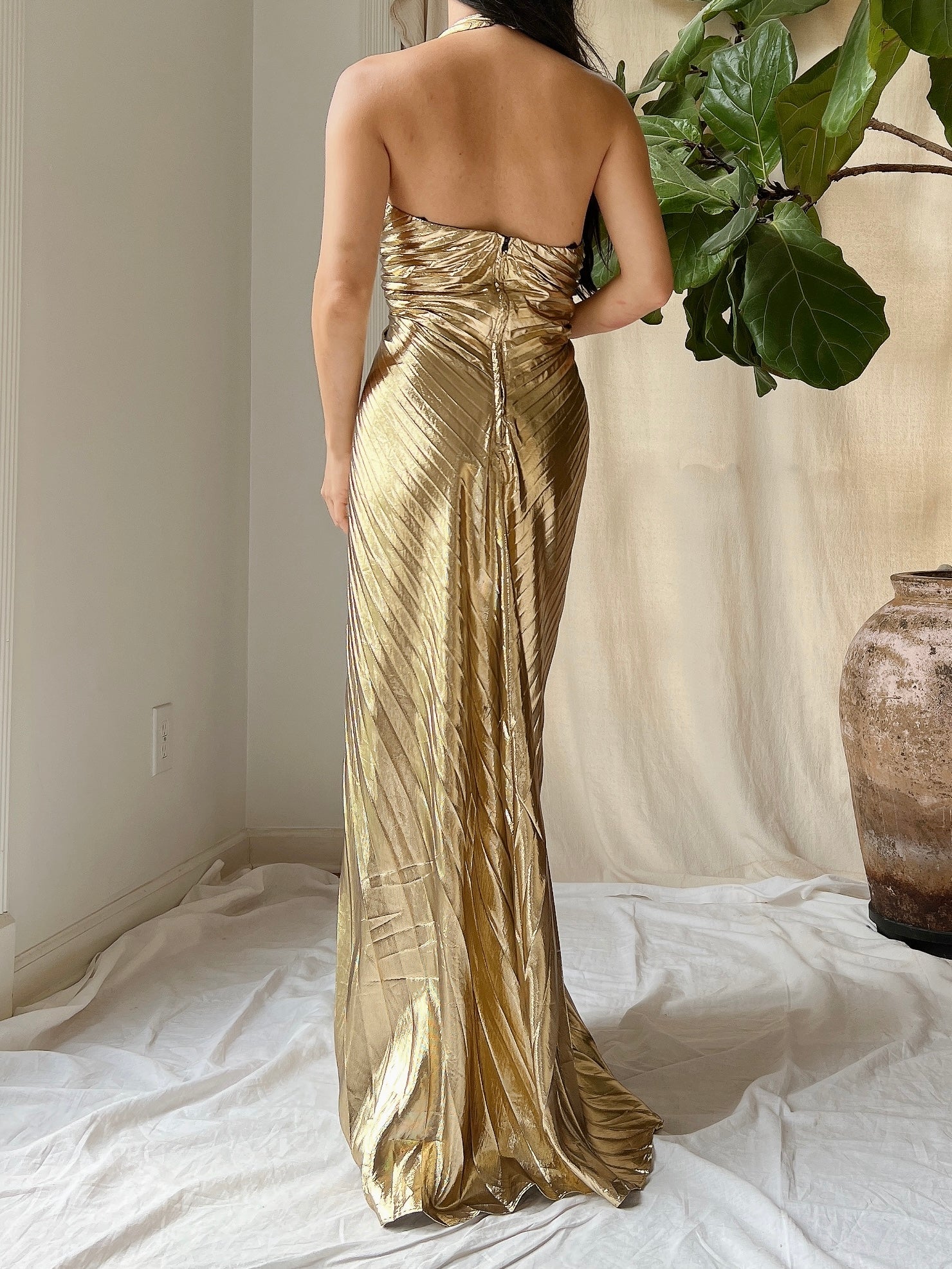 Vintage Gold Pleated Halter Gown - S | G O S S A M E R Vintage Gold Pleated Halter Gown - S | G O S S A M E R