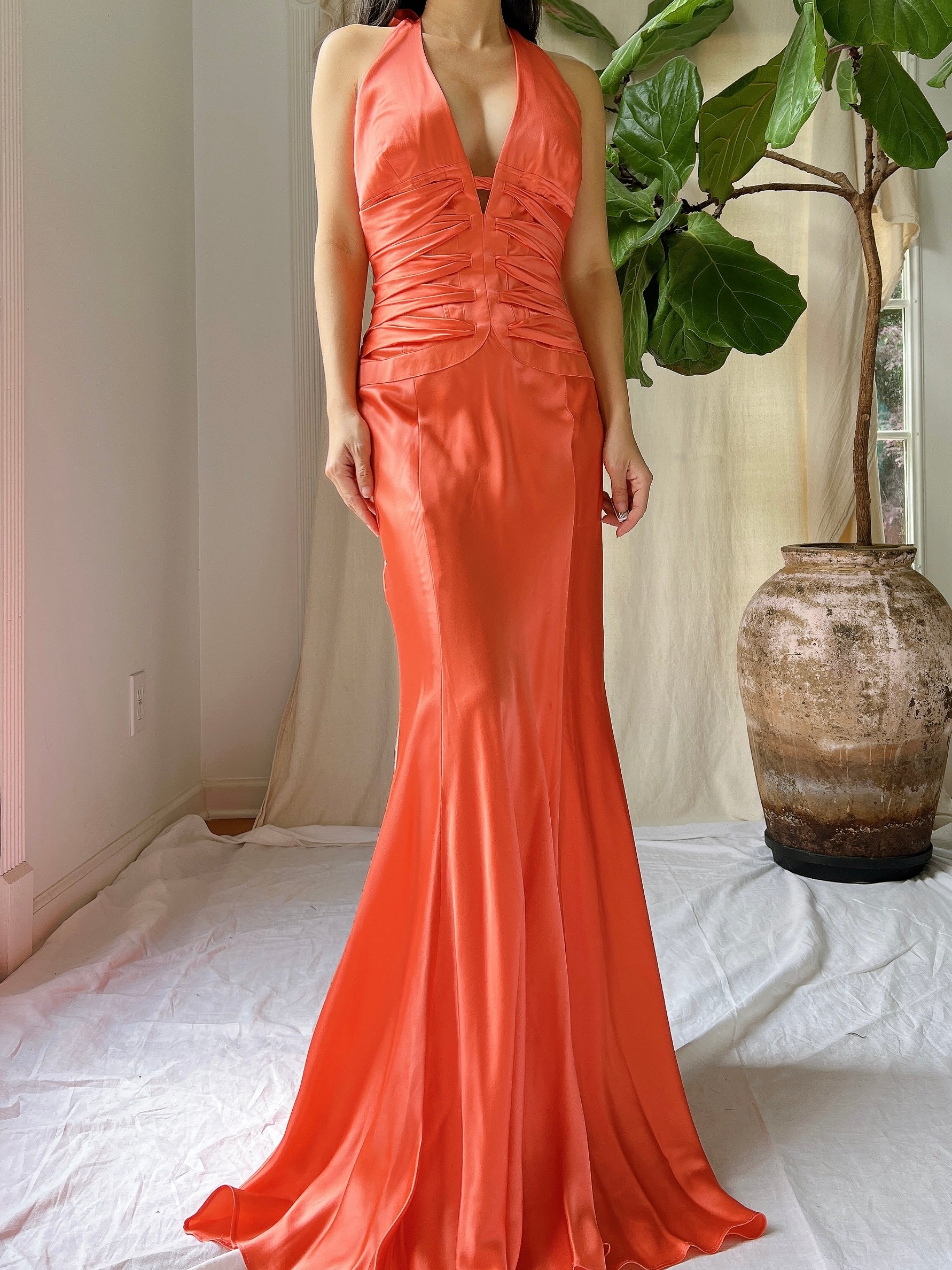 Vintage Silk Coral Plunge Gown - M