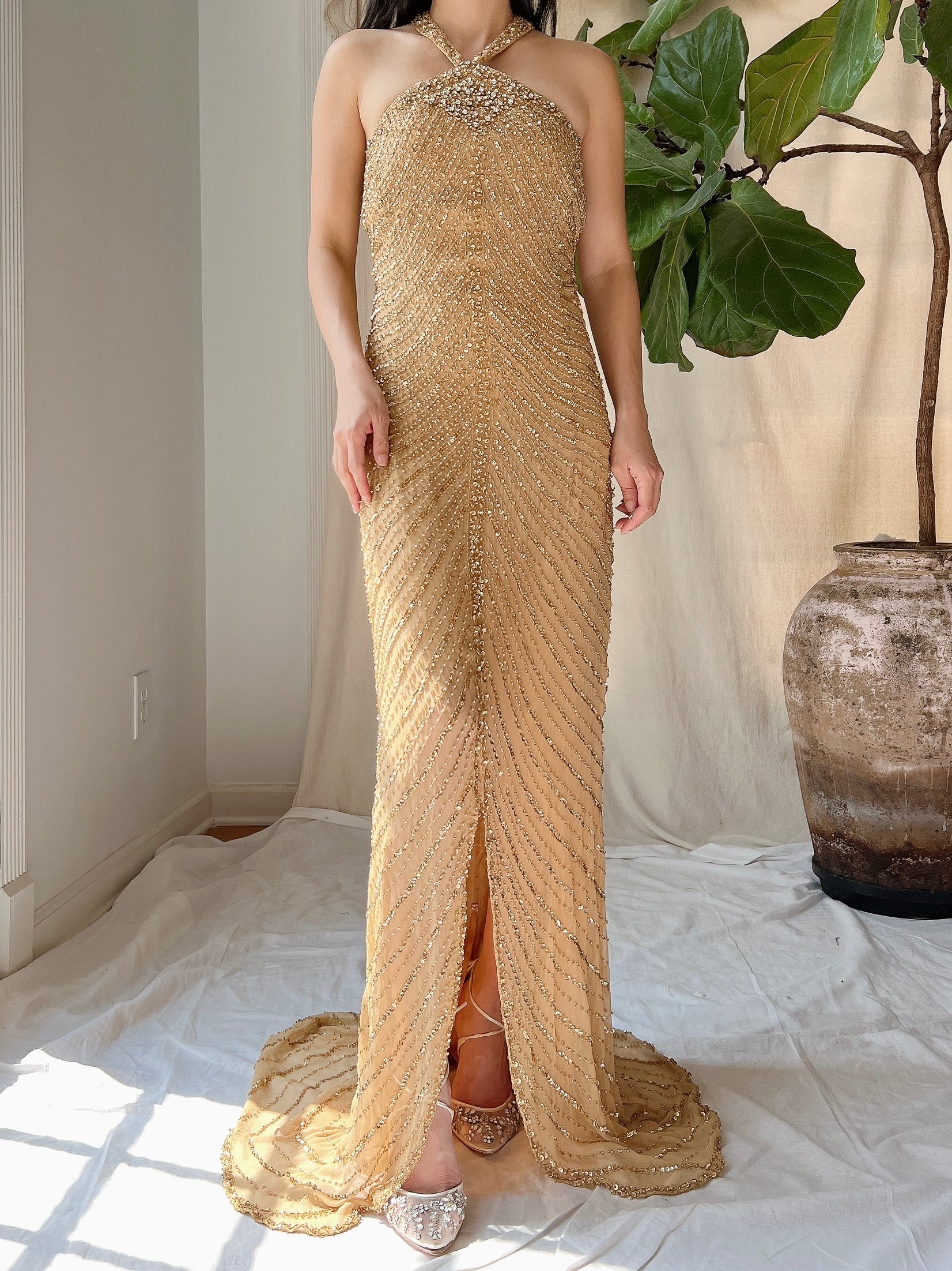 Vintage Gold Silk Beaded Halter Gown - L