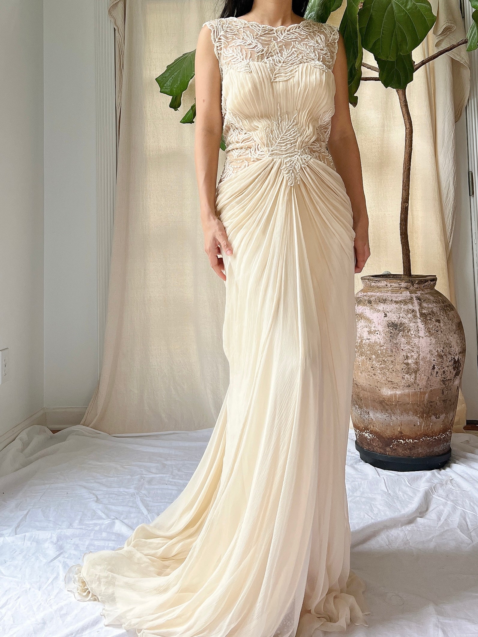 tadashi silk dress Tadashi Shoji Silk Fairy Dress Womens 8 Green Asymmetrical With Scarf Gown