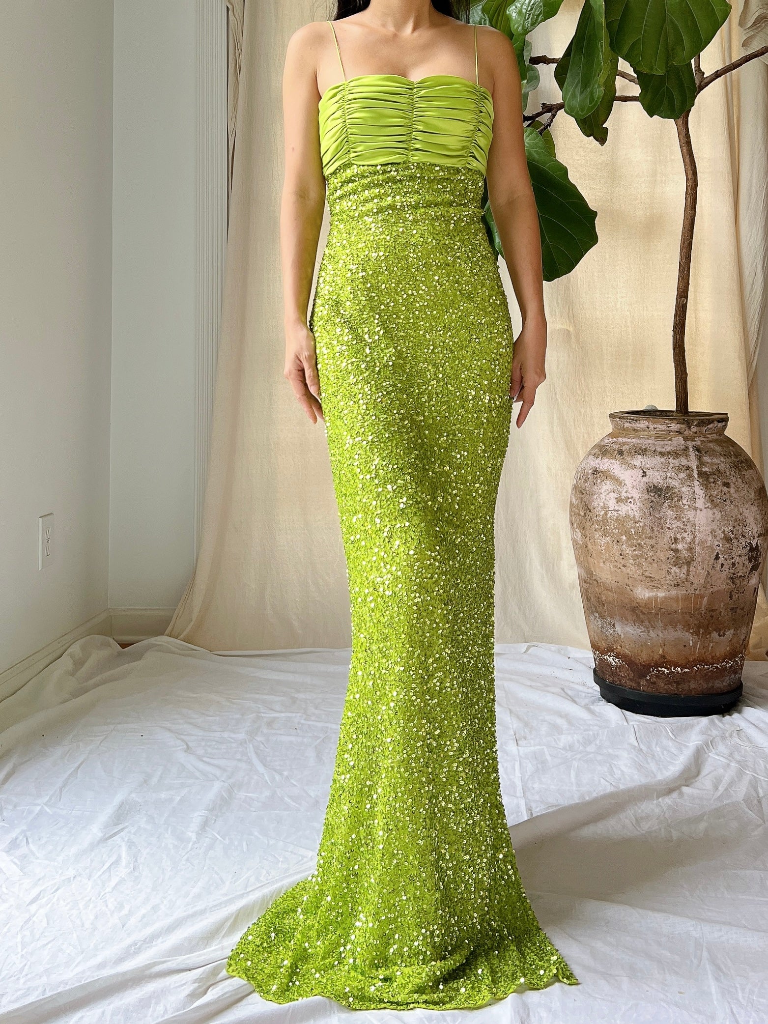 1990s Lime Green Sequins Gown - XS