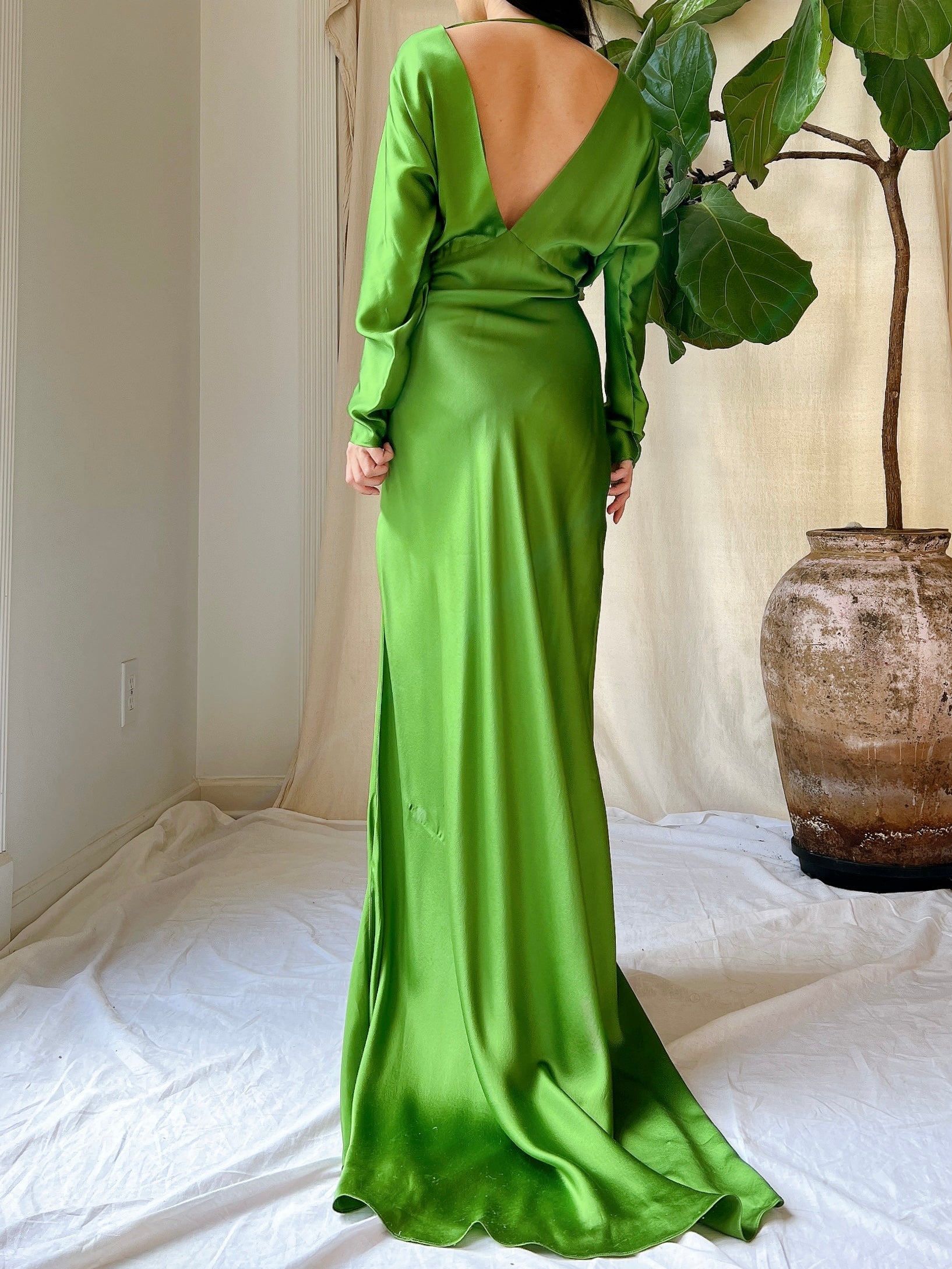 Apple Green Silk Bias Cut Gown - M