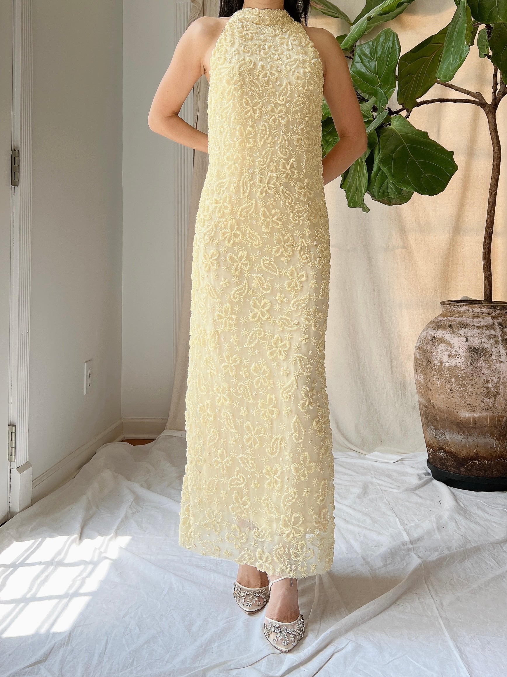 1960s Butter Yellow Beaded Tulle Dress - M