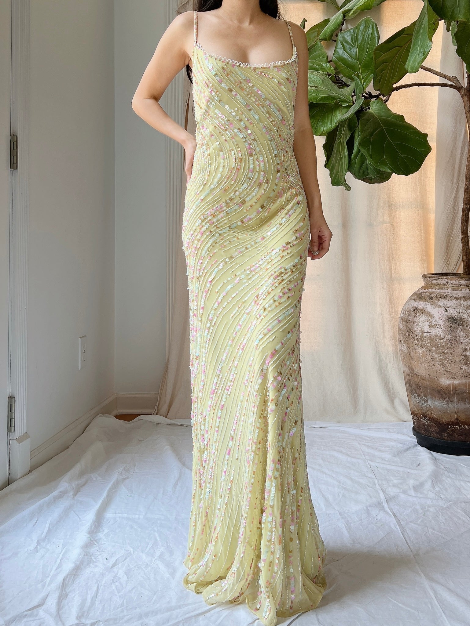 Vintage Chartreuse Silk Beaded Gown