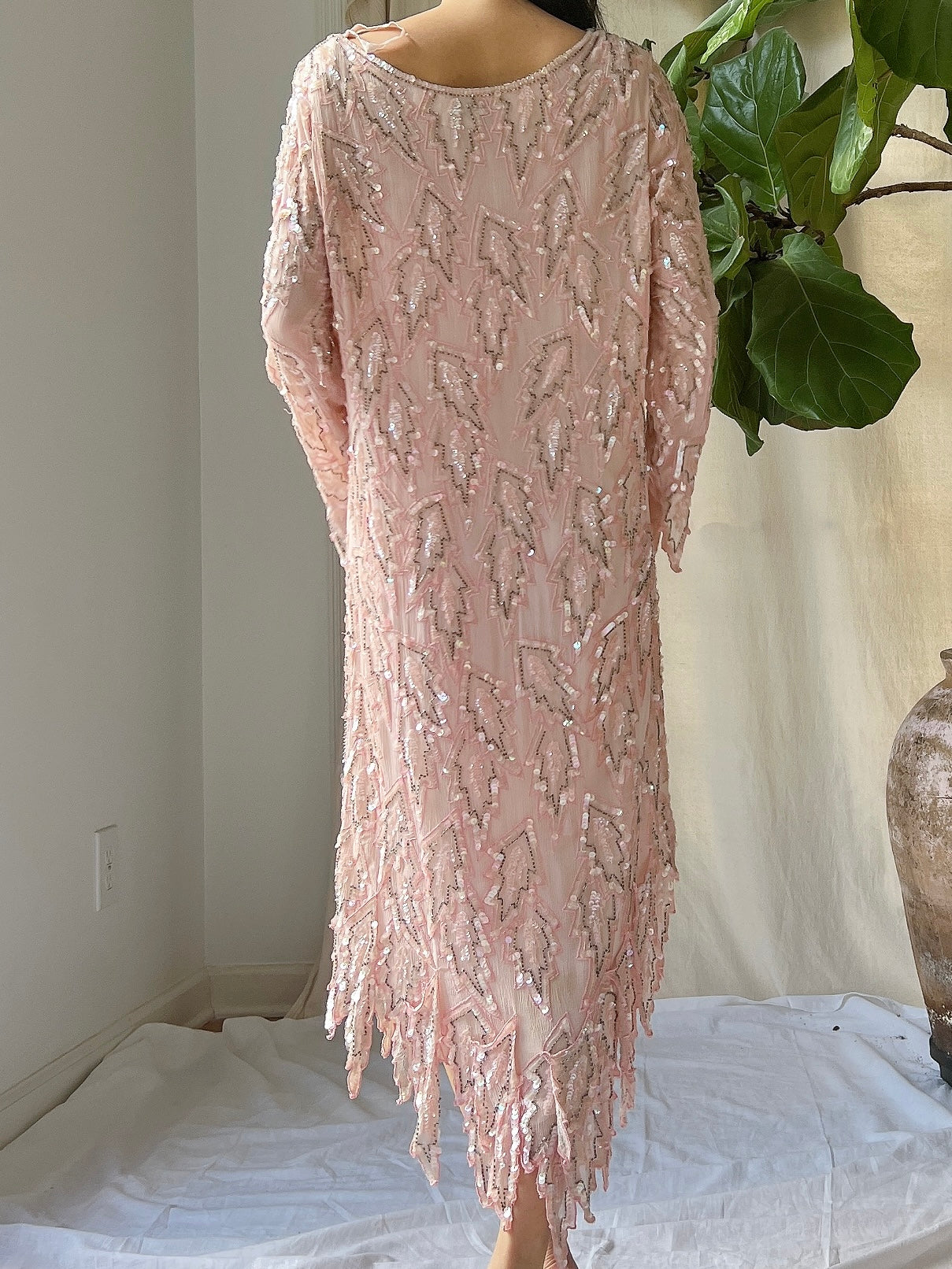 1980s Silk Pink Leaf Dress - M