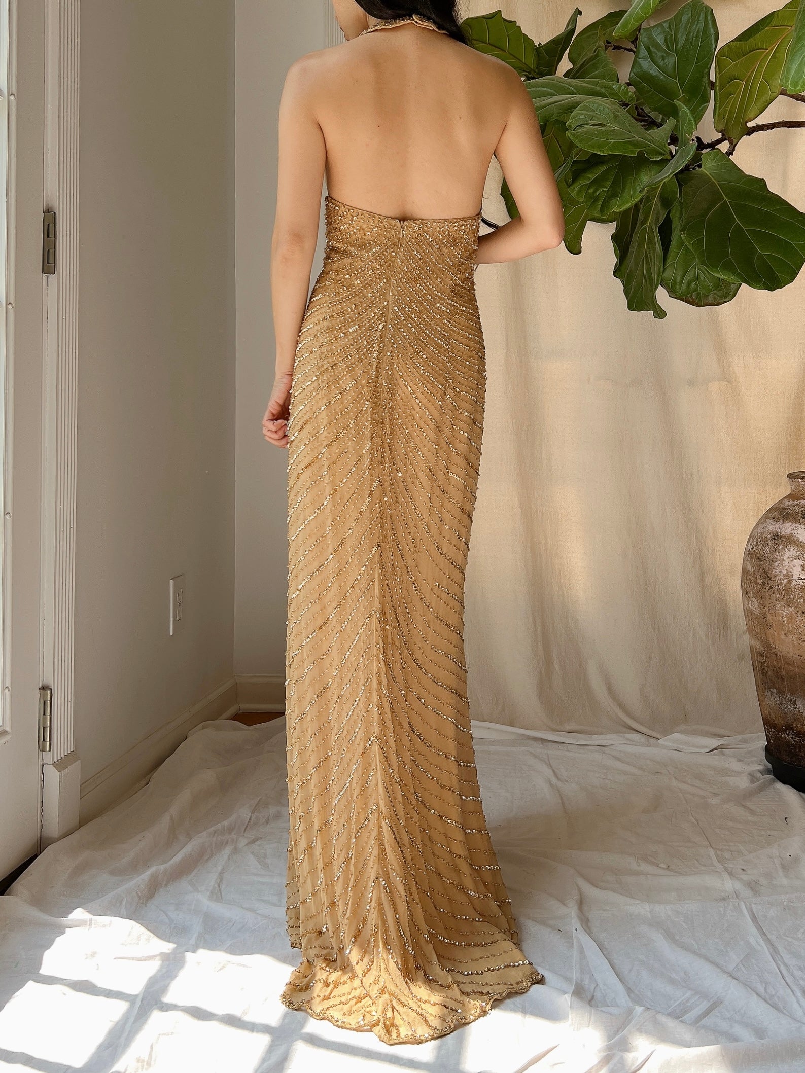 Vintage Gold Silk Beaded Halter Gown - L