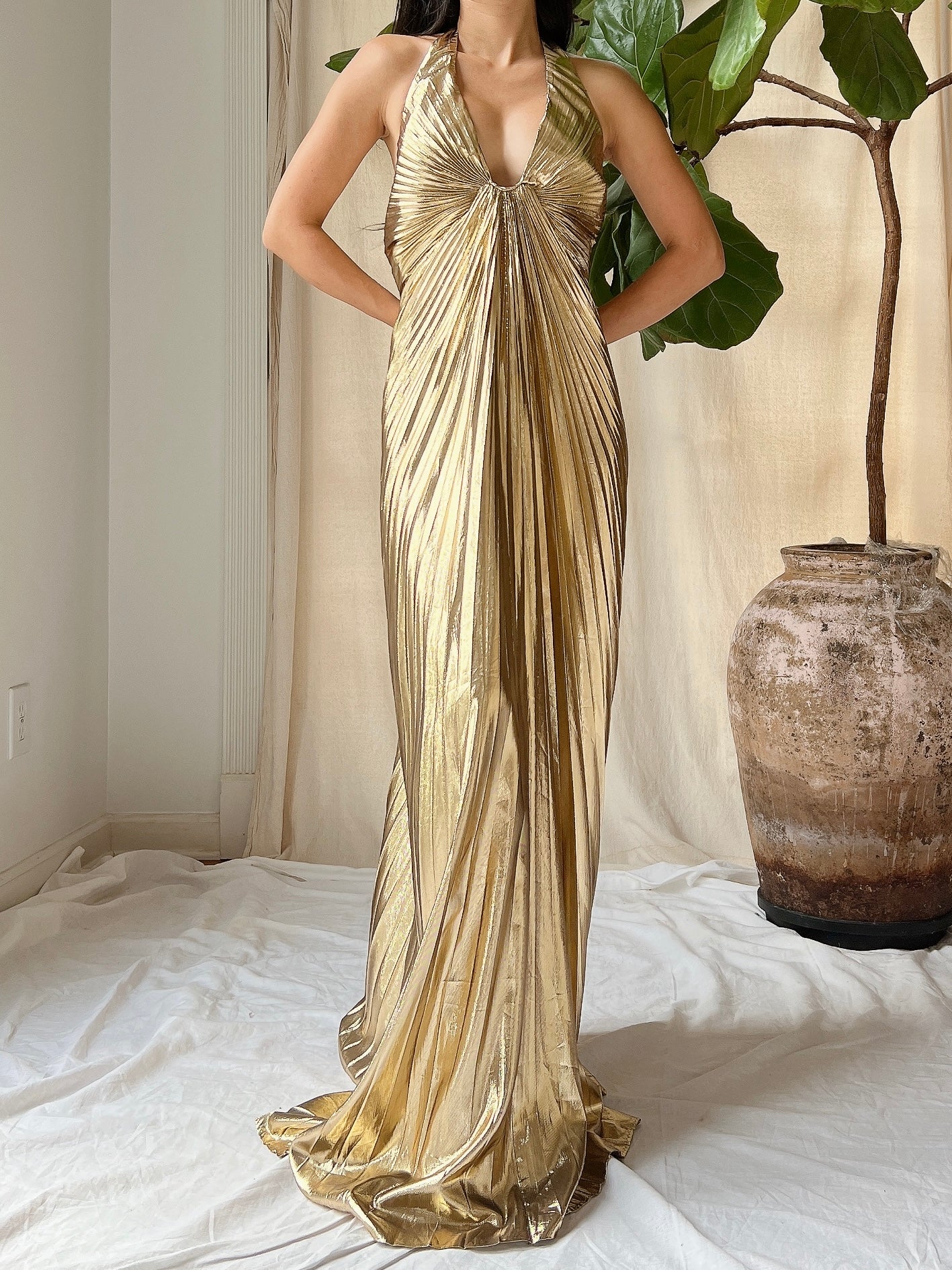 Vintage Gold Pleated Halter Gown - S