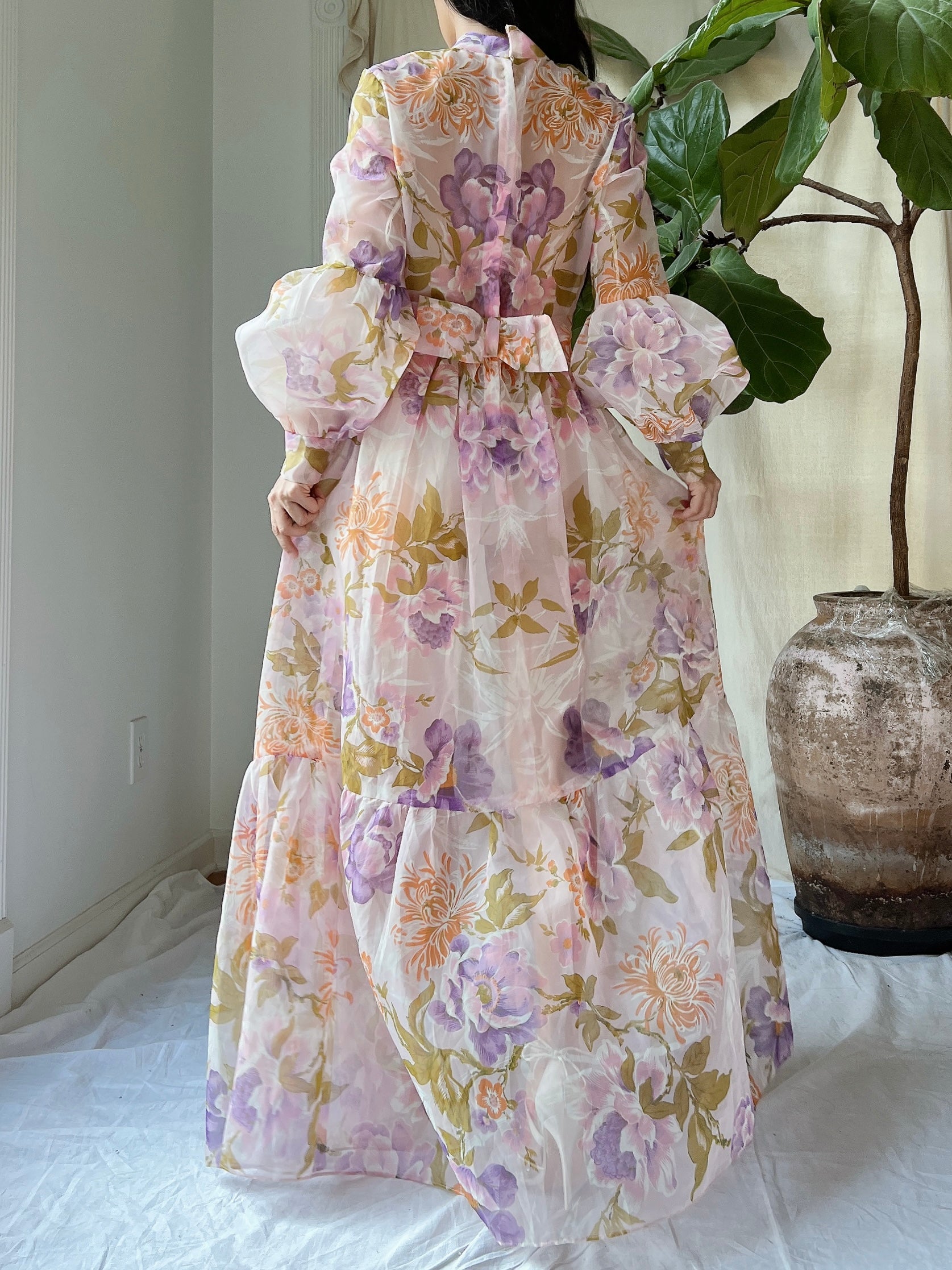 Vintage Juliet Sleeves Sheer Floral Voile Gown - S/M