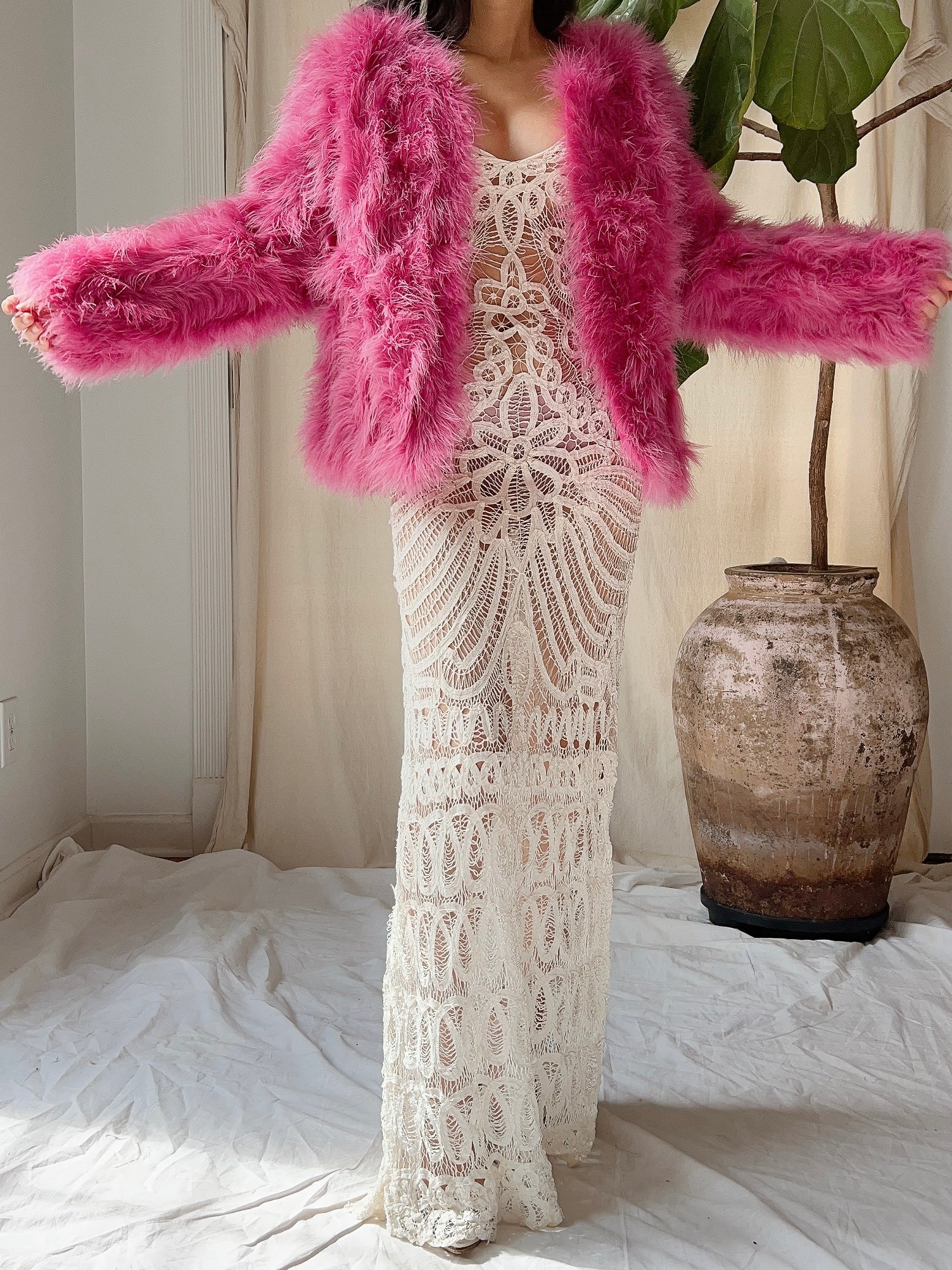Pink Marabou Feather Jacket - S/M | G O S S A M E R