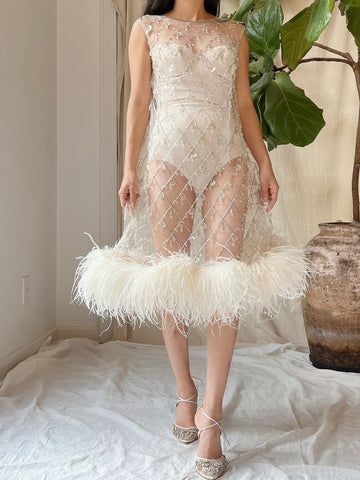 1960s Sheer Tulle Beaded Feather Dress - M