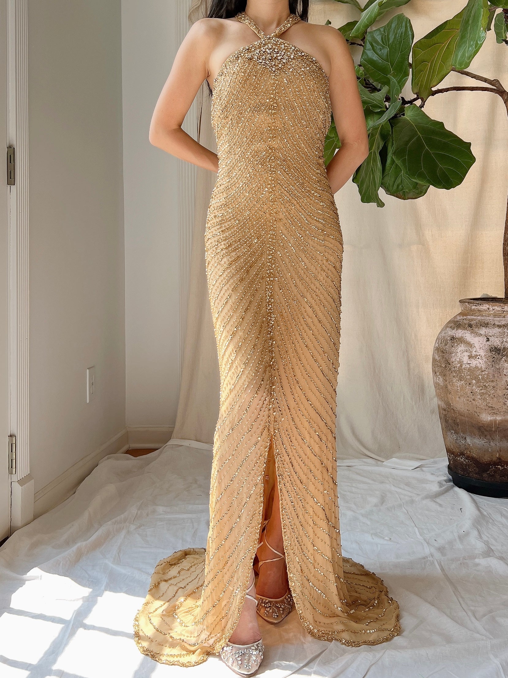 Vintage Gold Silk Beaded Halter Gown - L | G O S S A M E R Vintage Gold Silk Beaded Halter Gown - L | G O S S A M E R