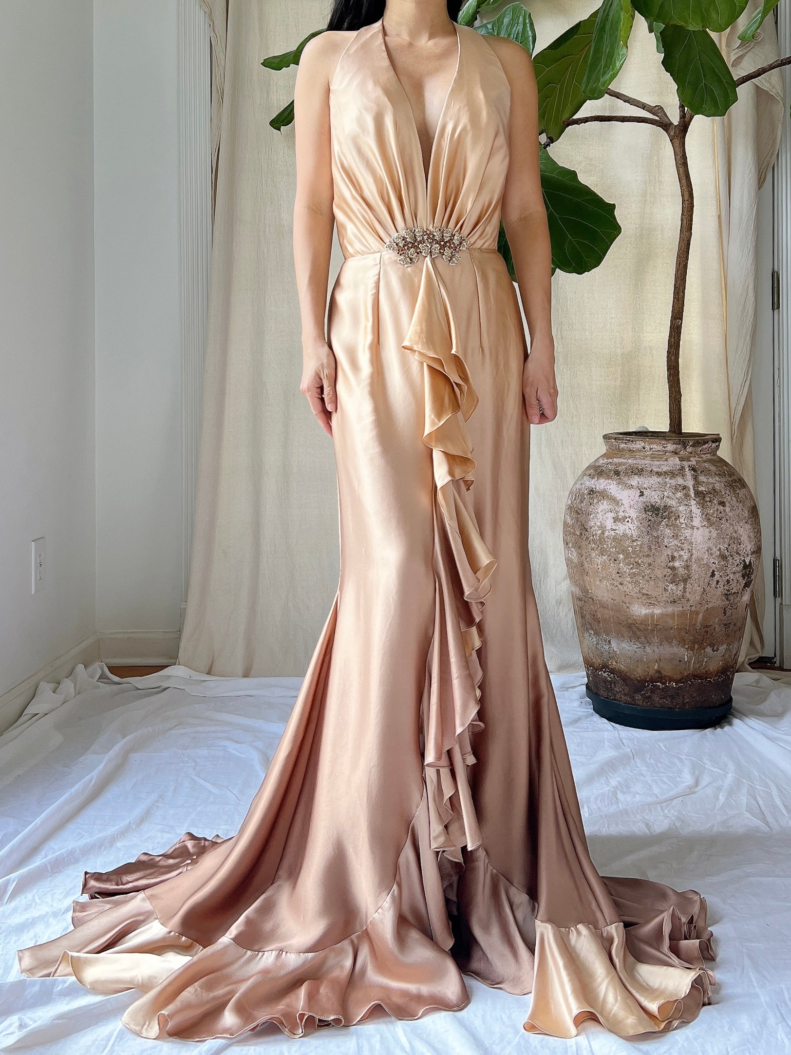 Vintage Silk Ombre Ruffle Front Gown - M