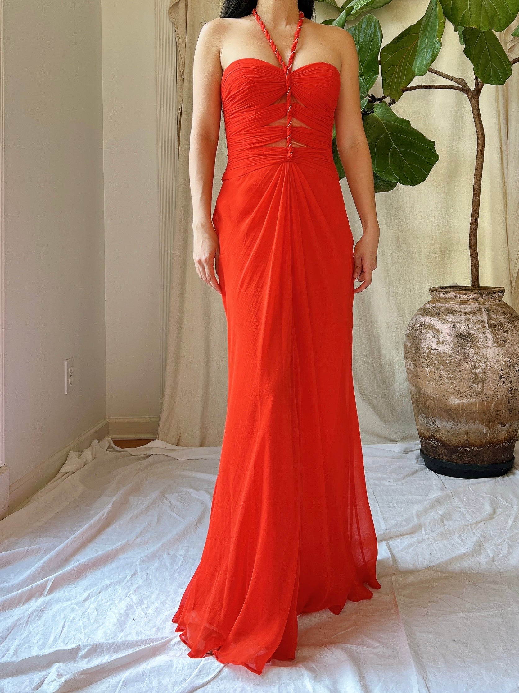 Vintage Silk Coral Cutout Bodice Gown - XS