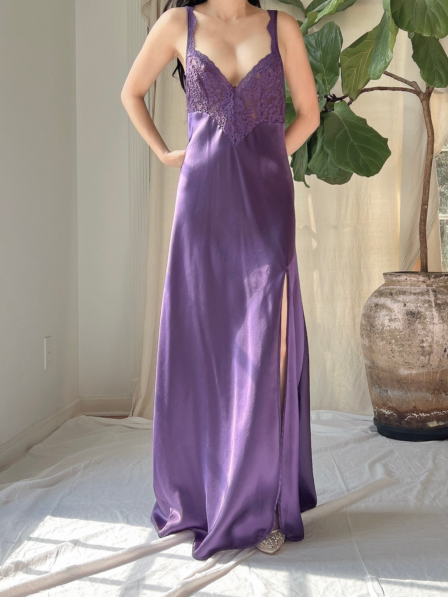 Vintage Purple Satin Side Split Slip Dress - M | G O S S A M E R Vintage Purple Satin Side Split Slip Dress - M | G O S S A M E R