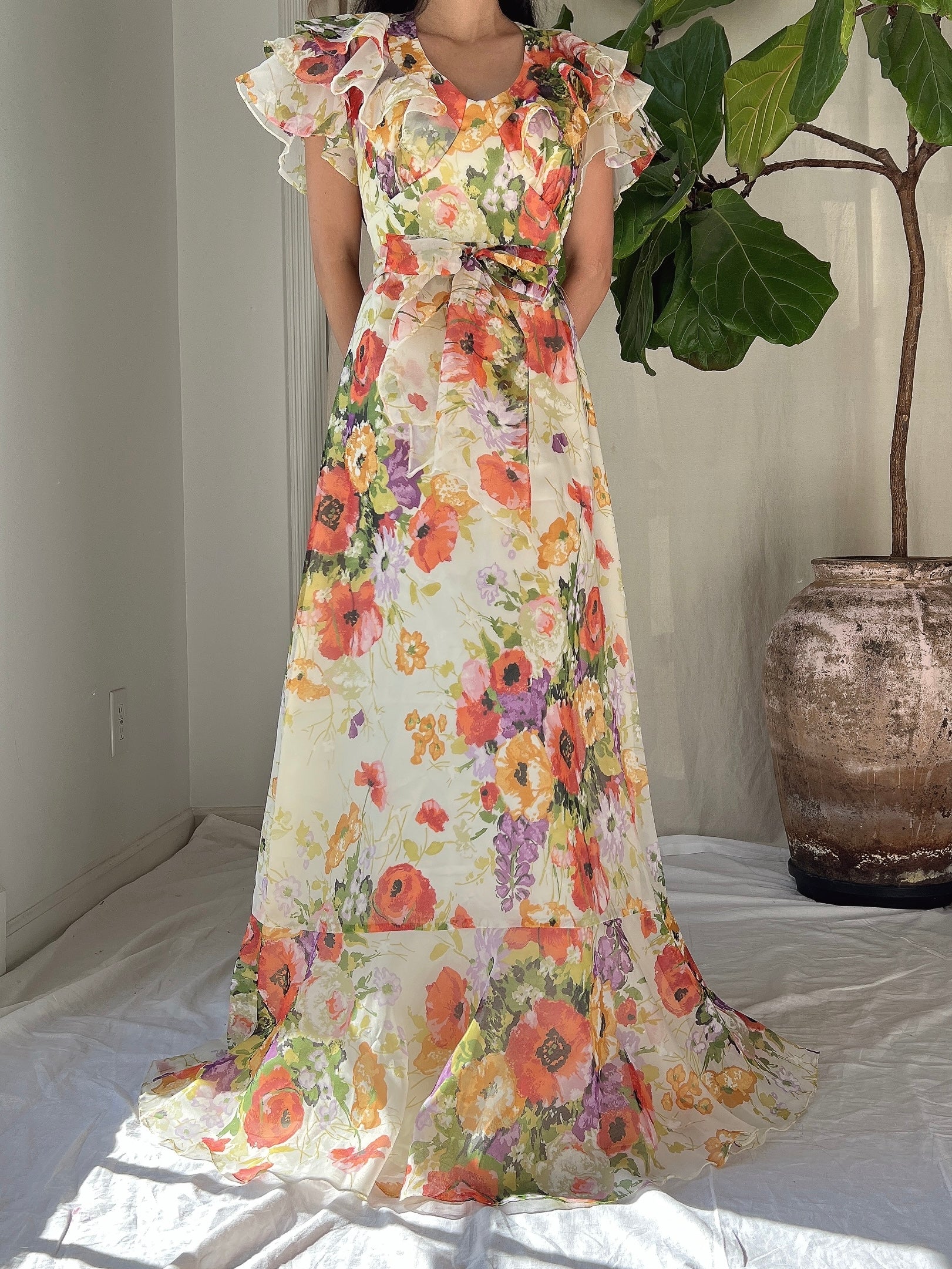 Vintage Floral Voile Dress - S