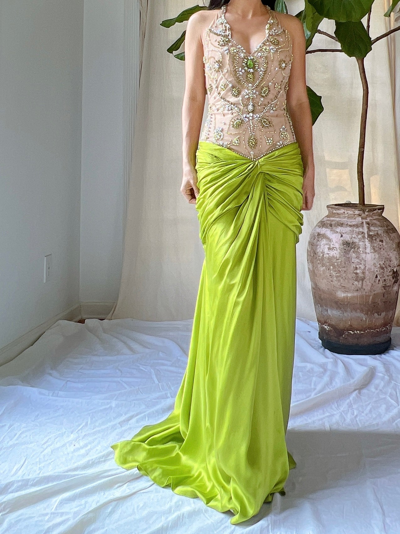 Vintage Silk Illusion Chartreuse Gown - M/8