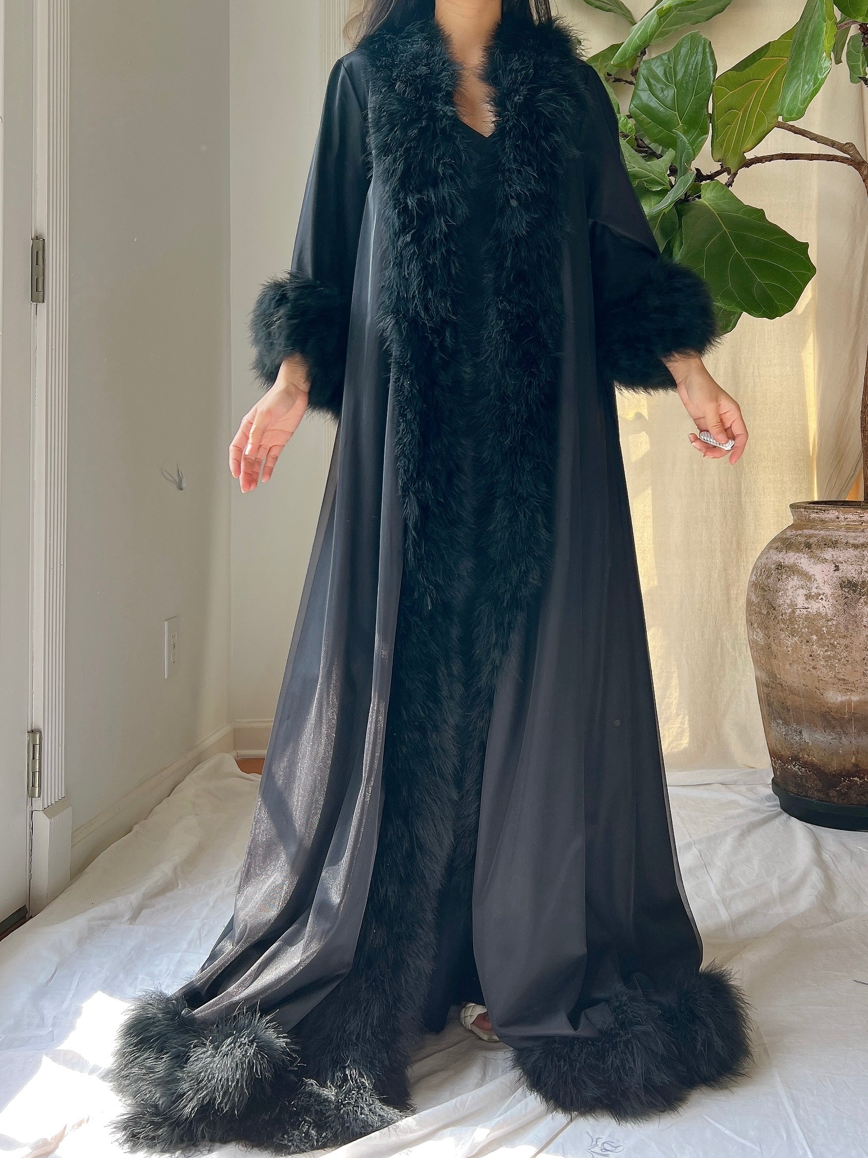 1960s Nylon Marabou Dressing Gown -  OSFM