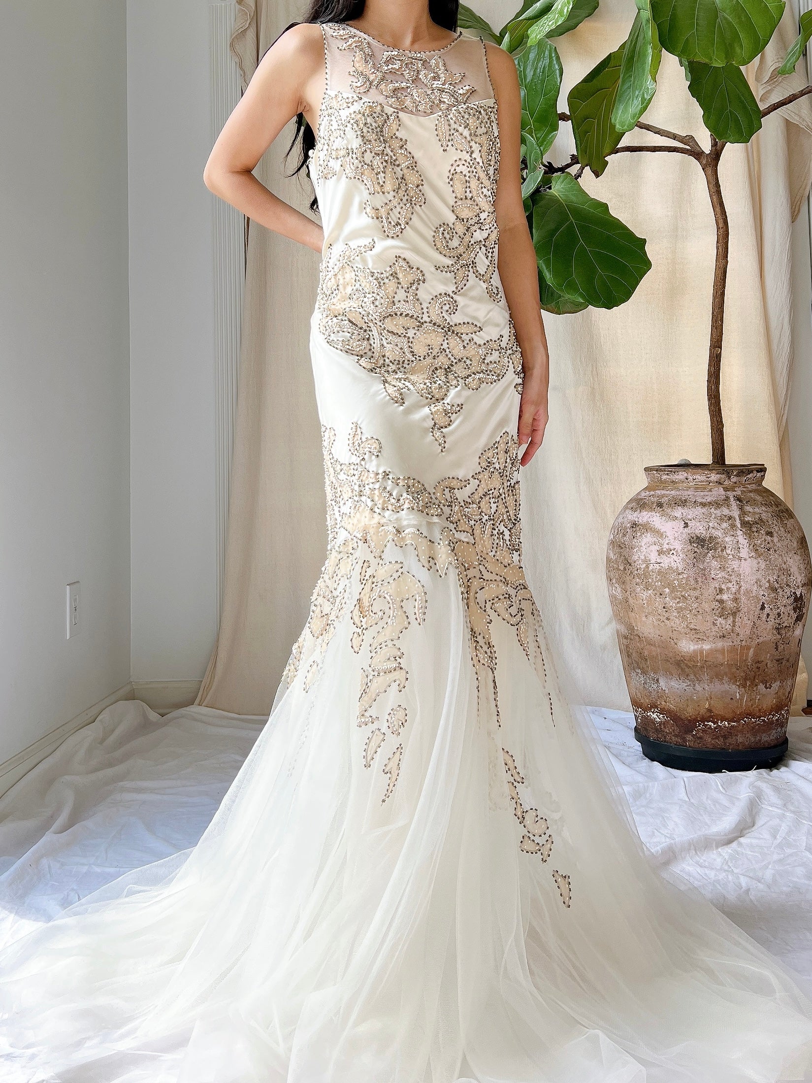 Y2K Silk Beaded Embroidered Gown - M