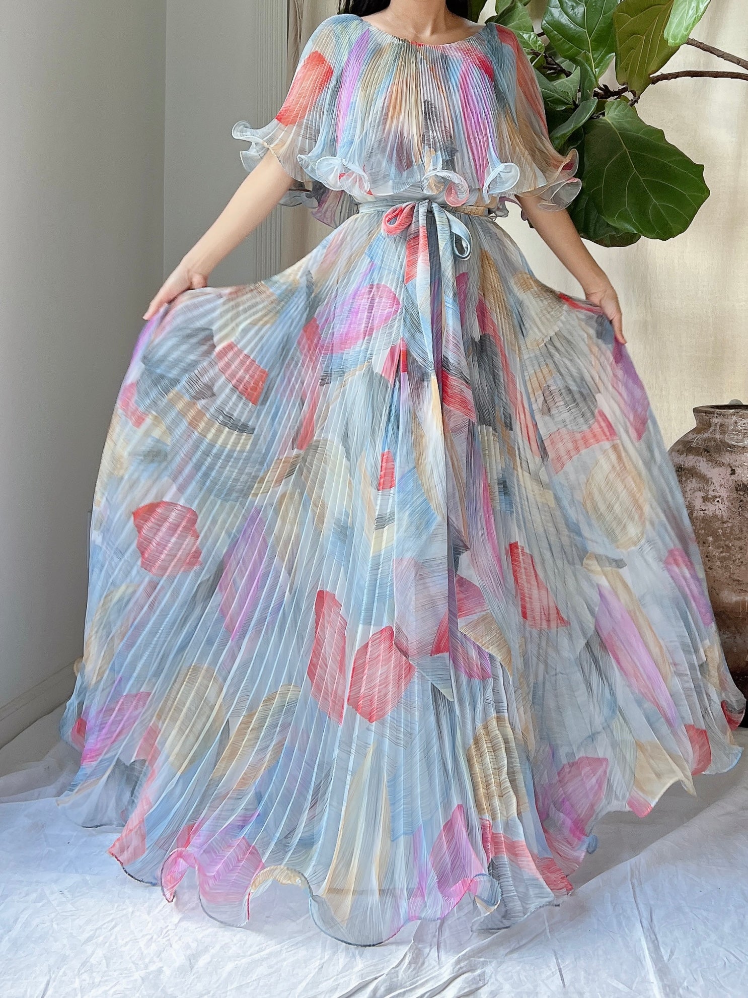 Vintage Pleated Abstract Dress - M