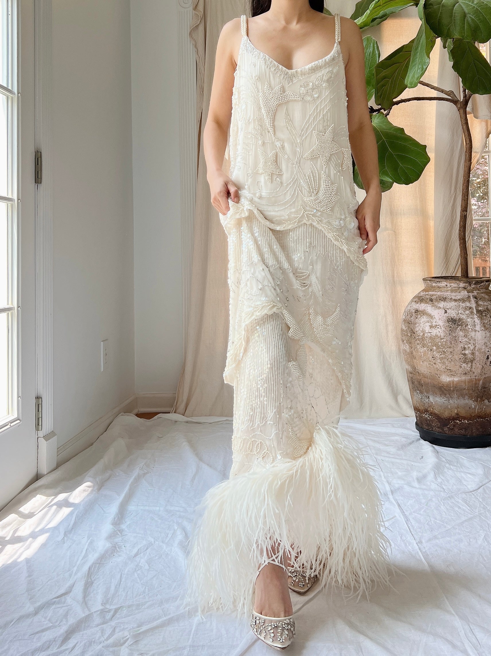 Vintage Silk Pearl Beaded Gown - M/L