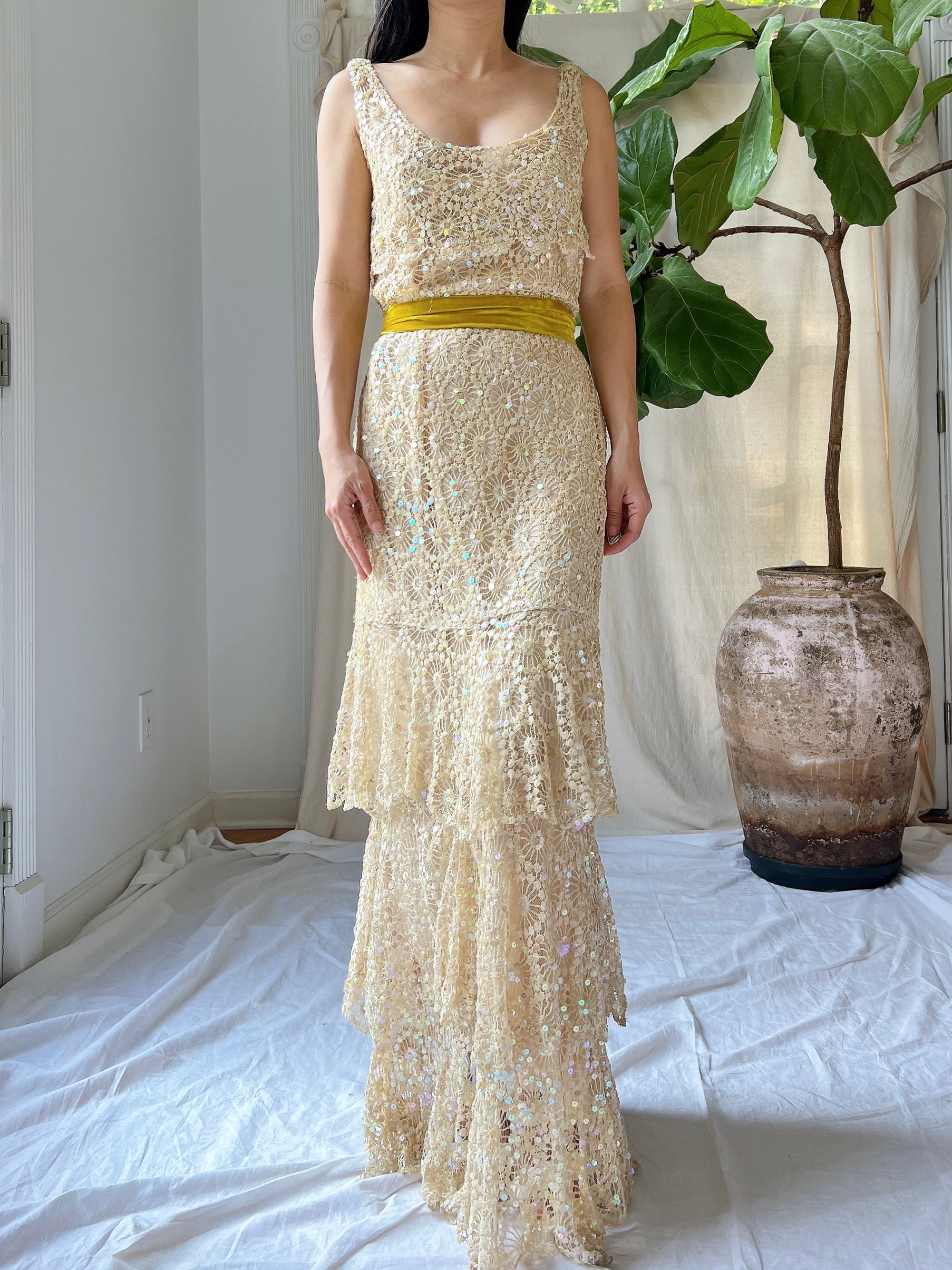1930s Sequins Lace Gown - S