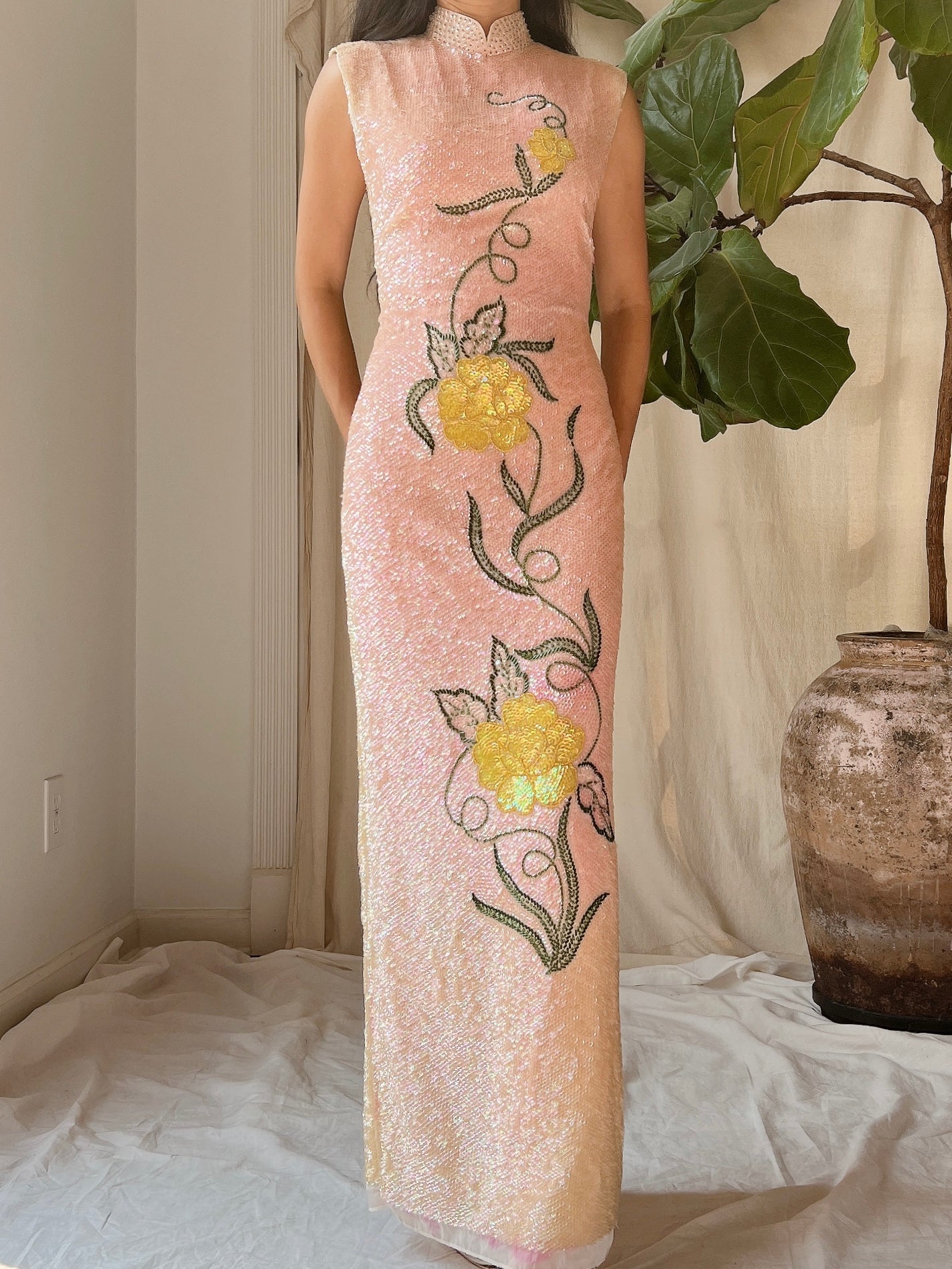 1960s Peach Ombre Sequins Dress - M