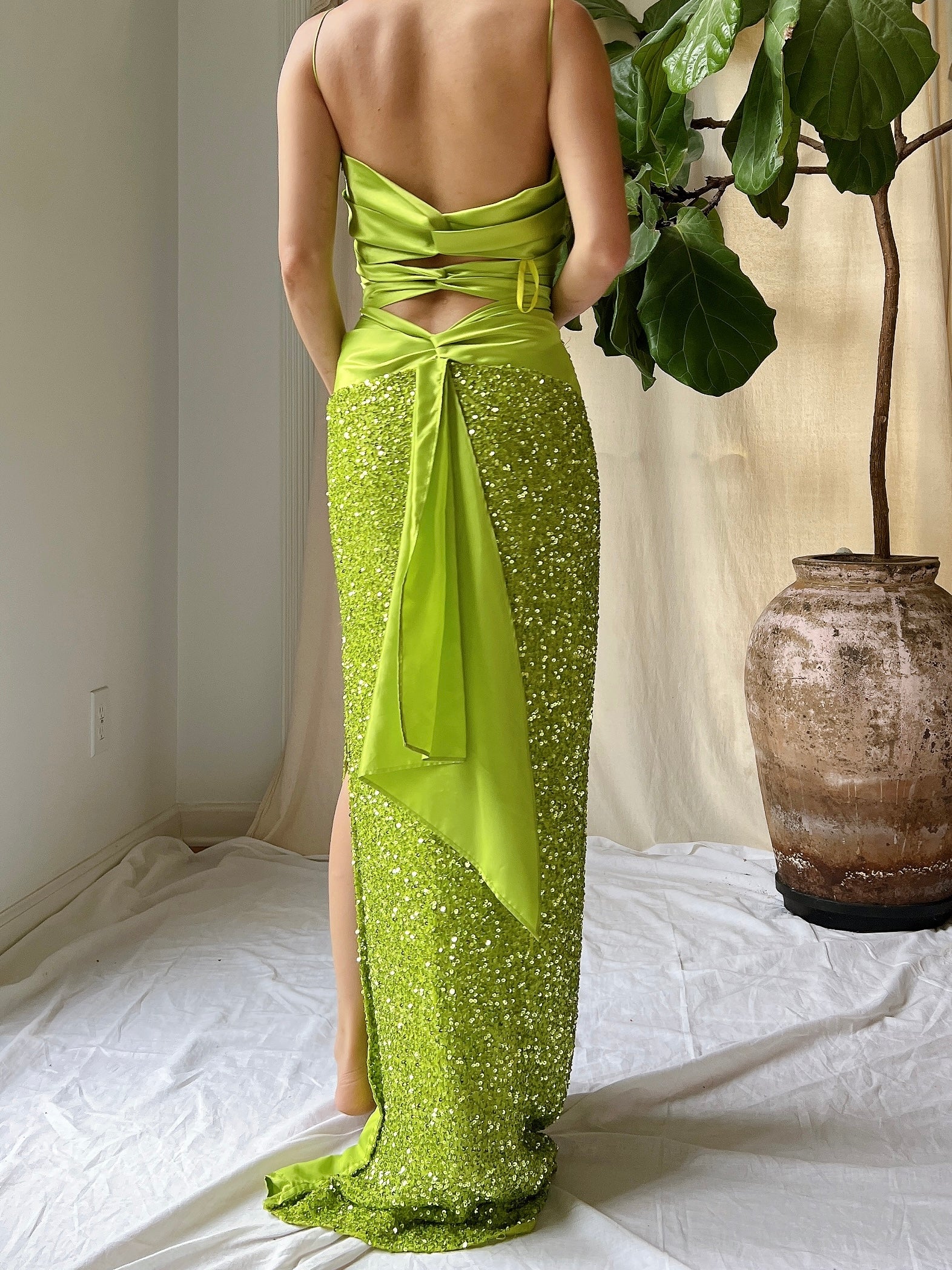 1990s Lime Green Sequins Gown - XS 1990s Lime Green Sequins Gown - XS