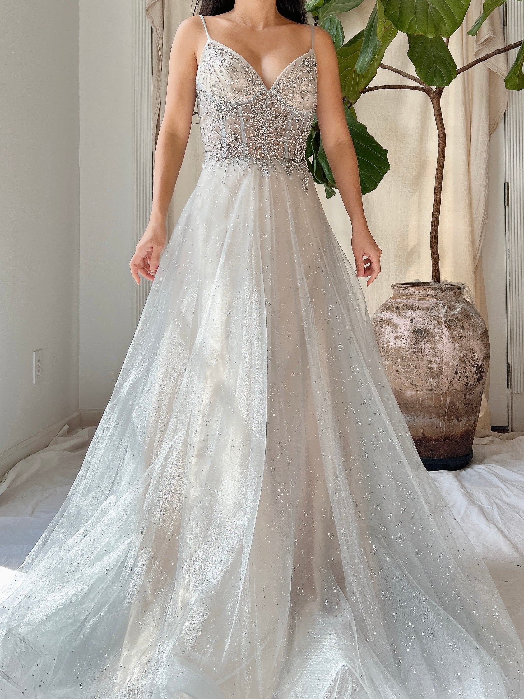 tulle chiffon and gossamer dress GOSSAMER Tulle Peach Sequins and Feather Gown - S/M