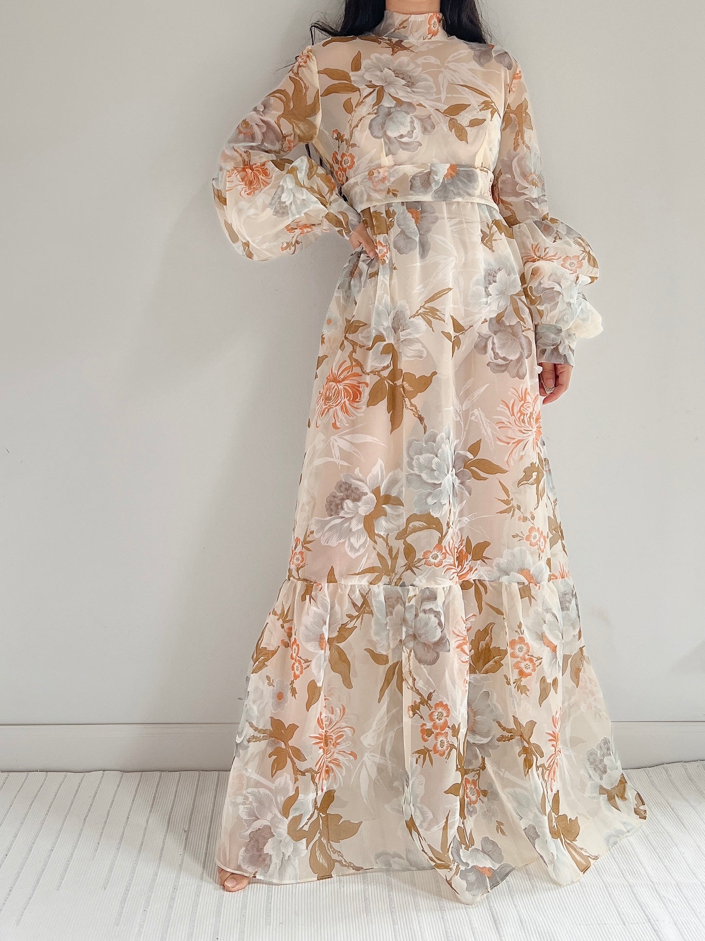 Vintage Sheer Voile Floral Gown - L