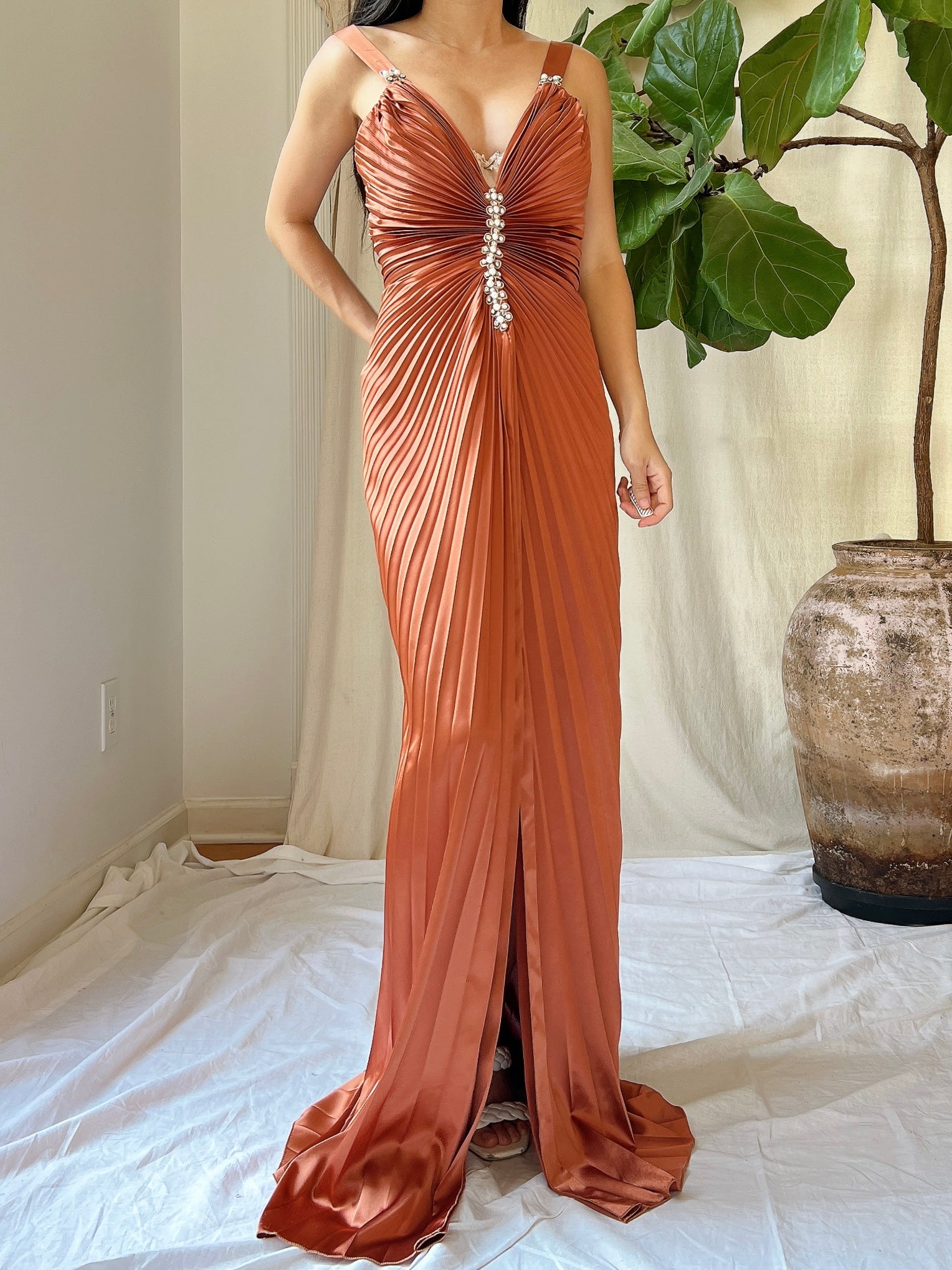Vintage Satin Pleated Rust Gown - M